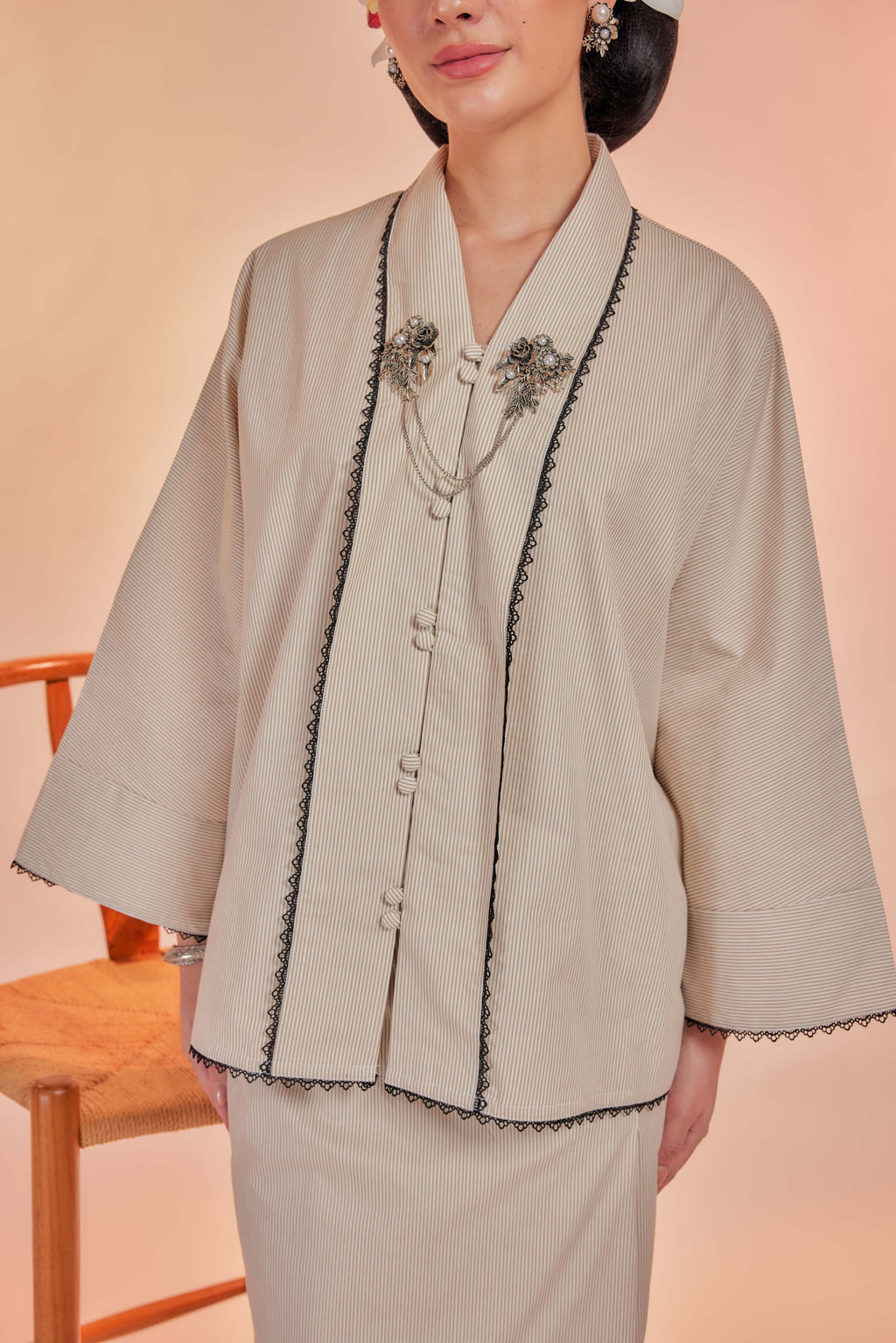 Vanila-Orked Cotton Striped Kebaya with Lace Trim Set