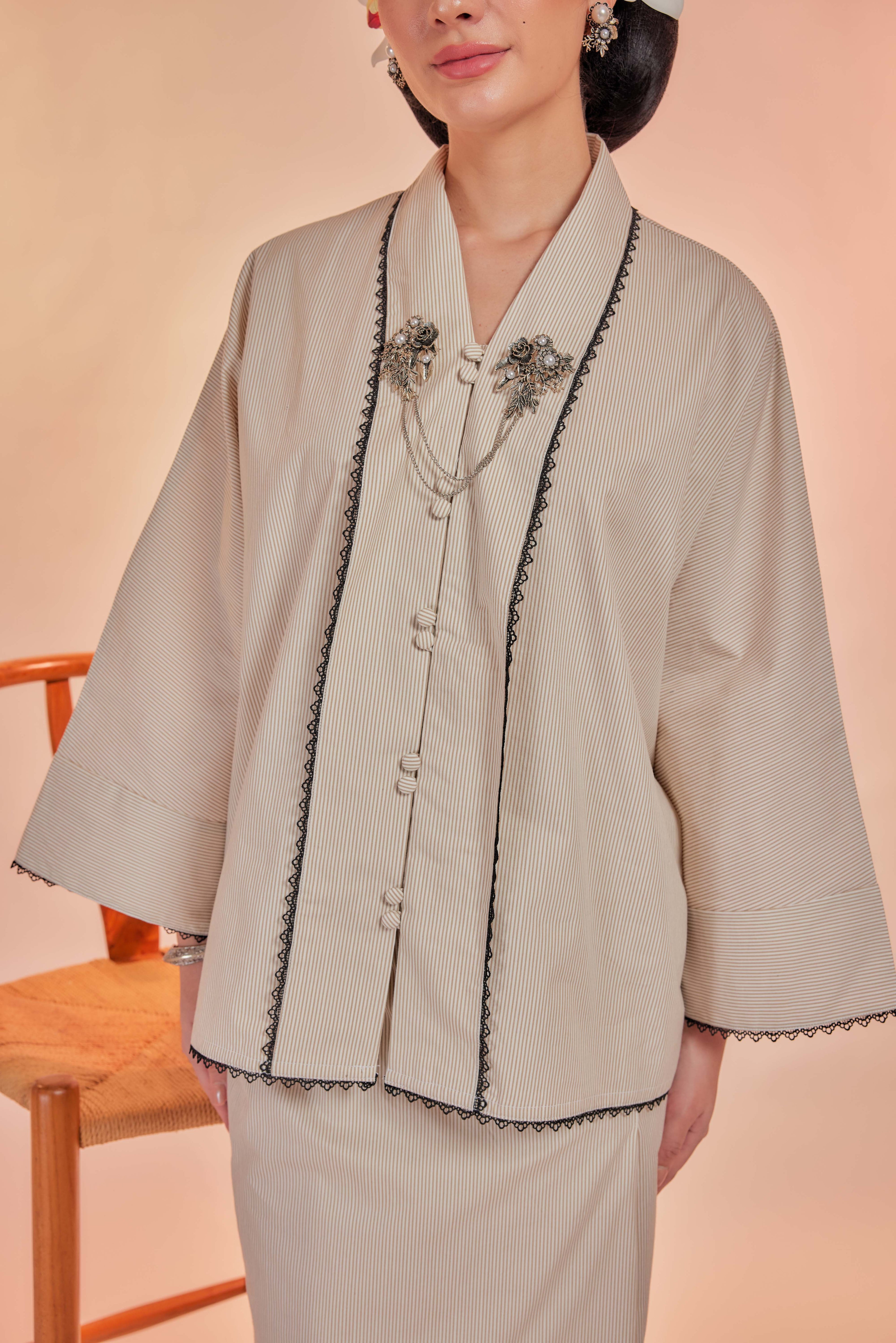 Vanila-Orked Cotton Striped Kebaya with Lace Trim Set
