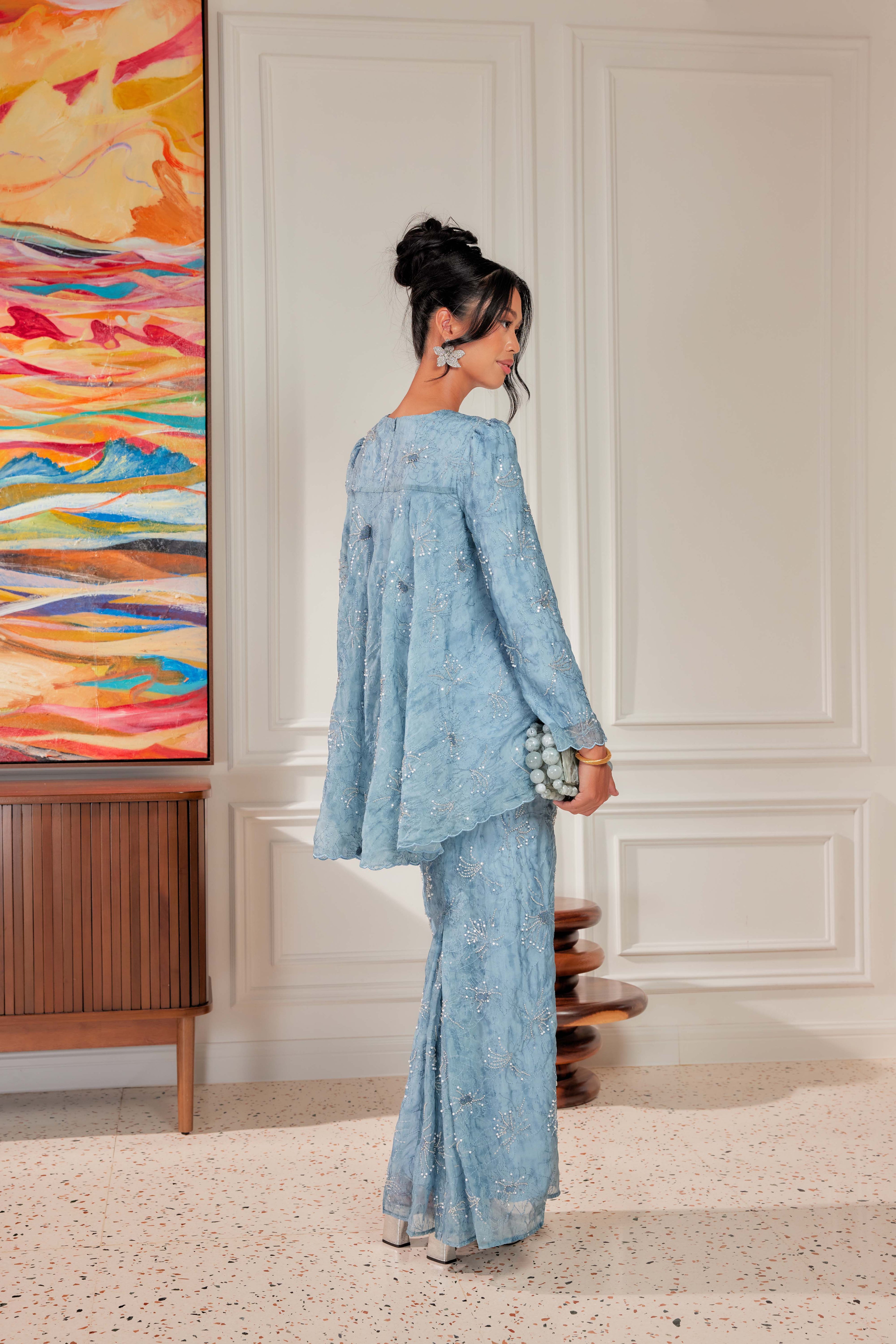 Ash Blue - Nona Pearl Beaded Embellished Kurung (Fully Lined)