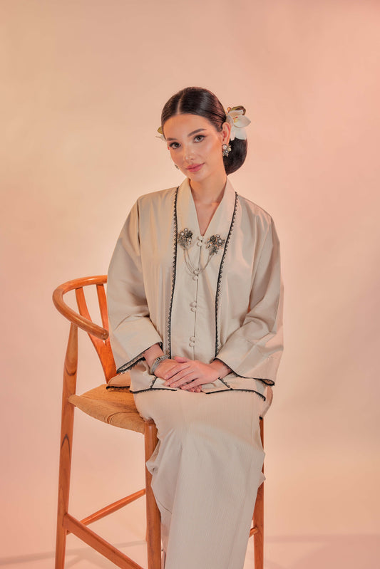 Vanila-Orked Cotton Striped Kebaya with Lace Trim Set