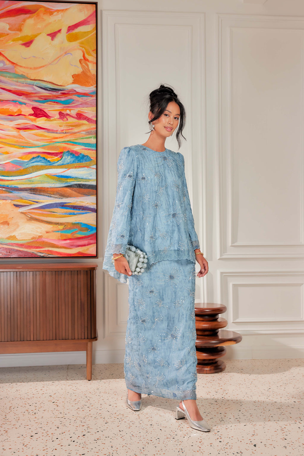 Ash Blue - Nona Pearl Beaded Embellished Kurung (Fully Lined)