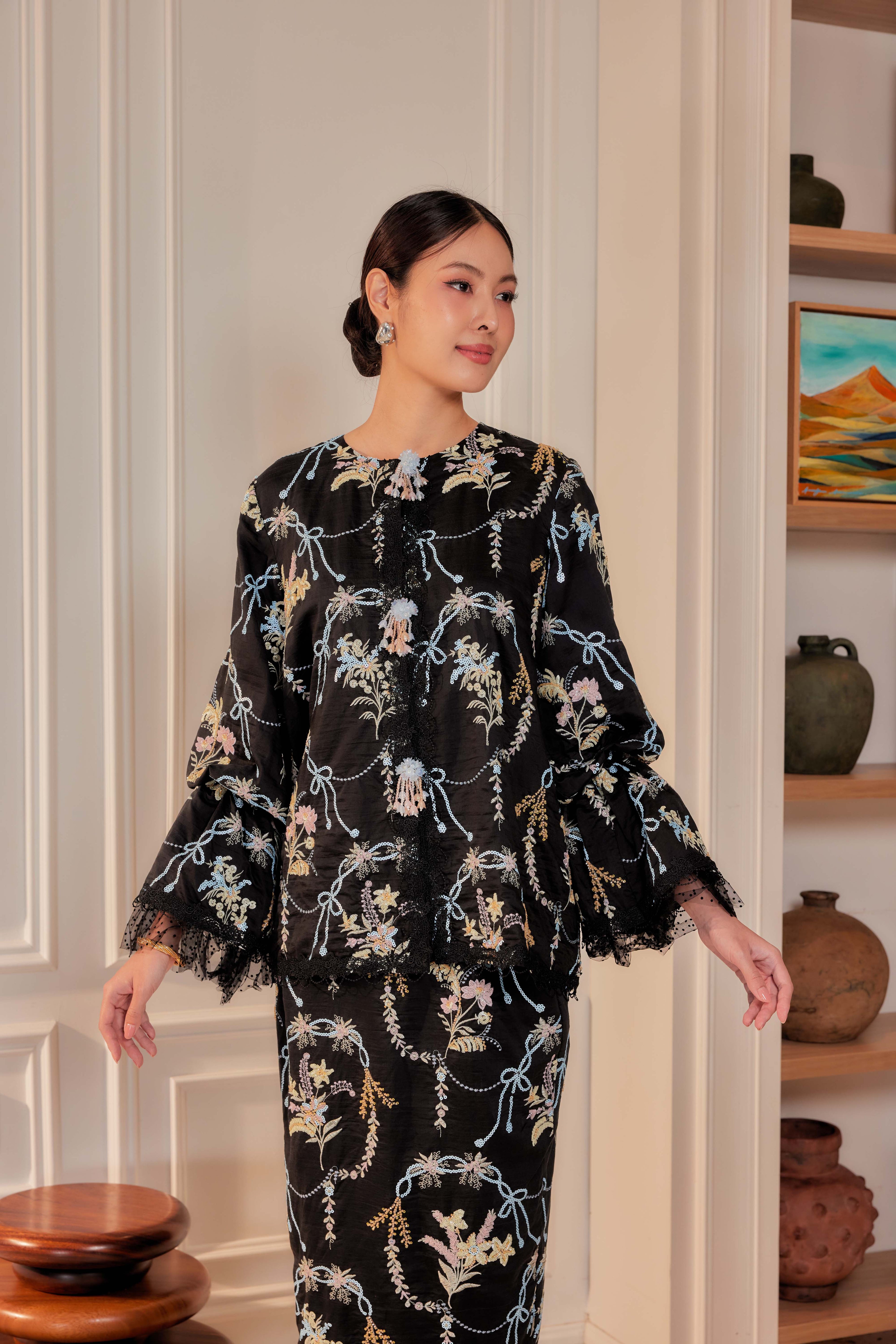 Hitam Manis - Marni Beaded Embellished Kurung with Set of 3 Brooch (Fully Lined)