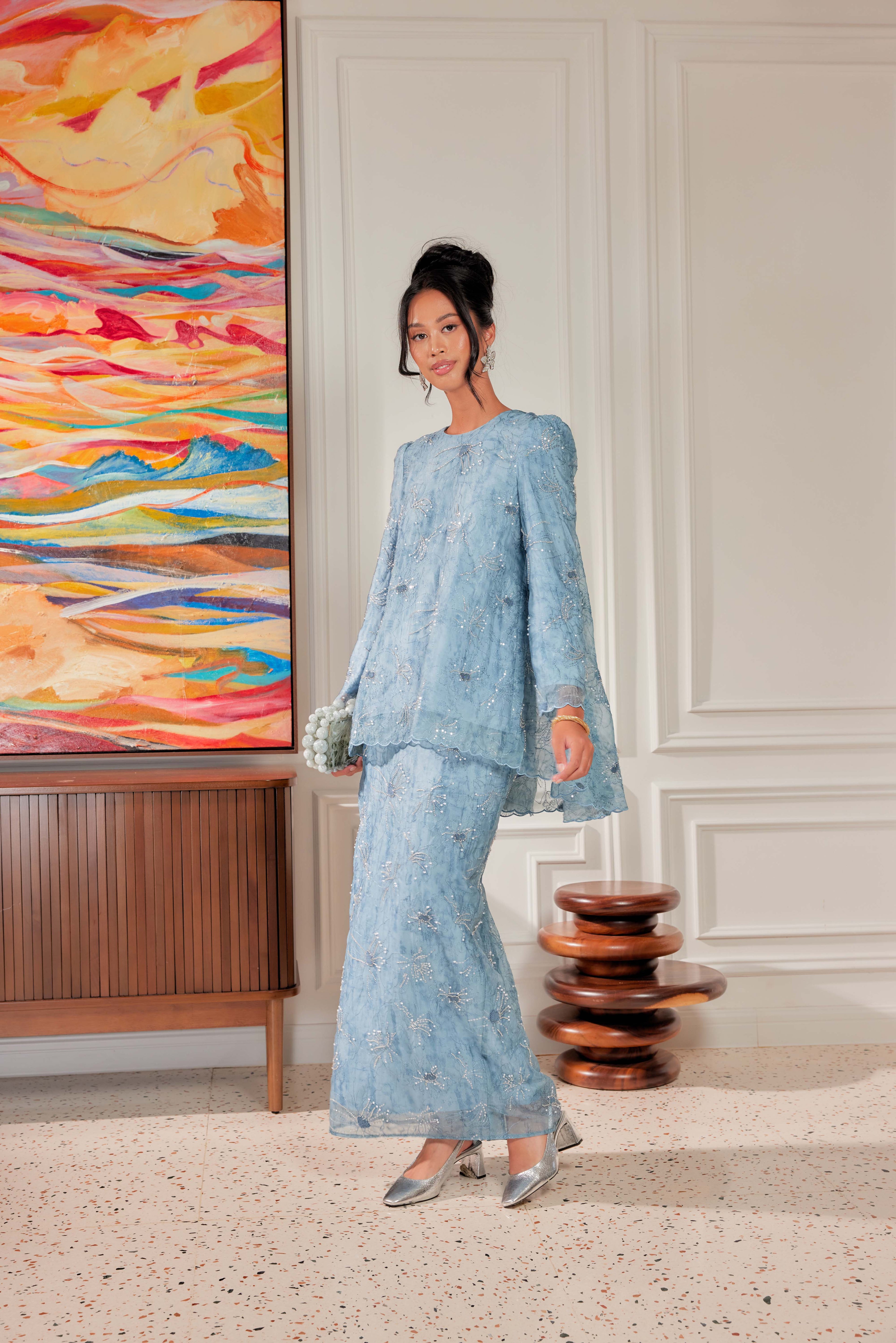 Ash Blue - Nona Pearl Beaded Embellished Kurung (Fully Lined)