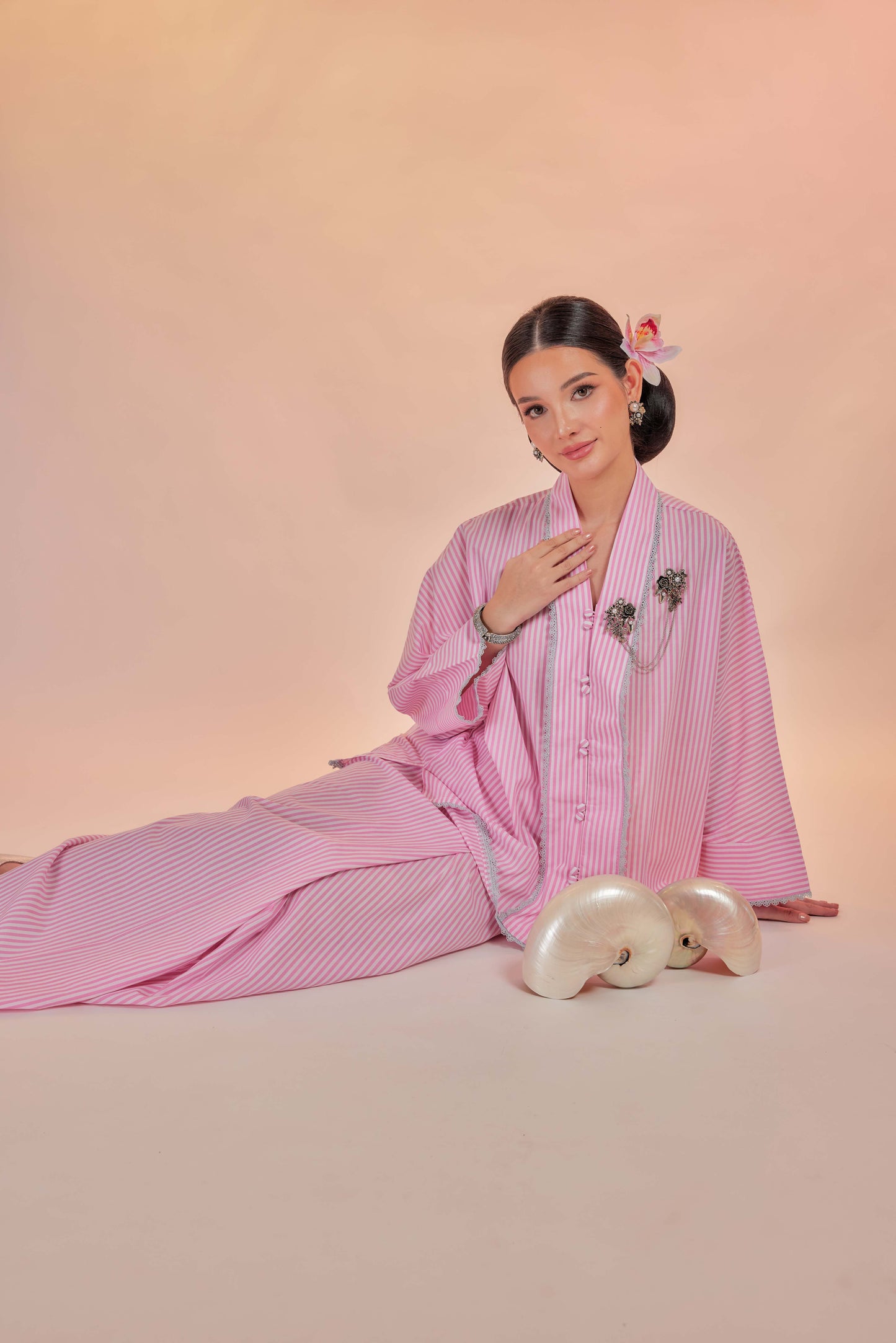 Samor-Orked Cotton Striped Kebaya with Lace Trim Set