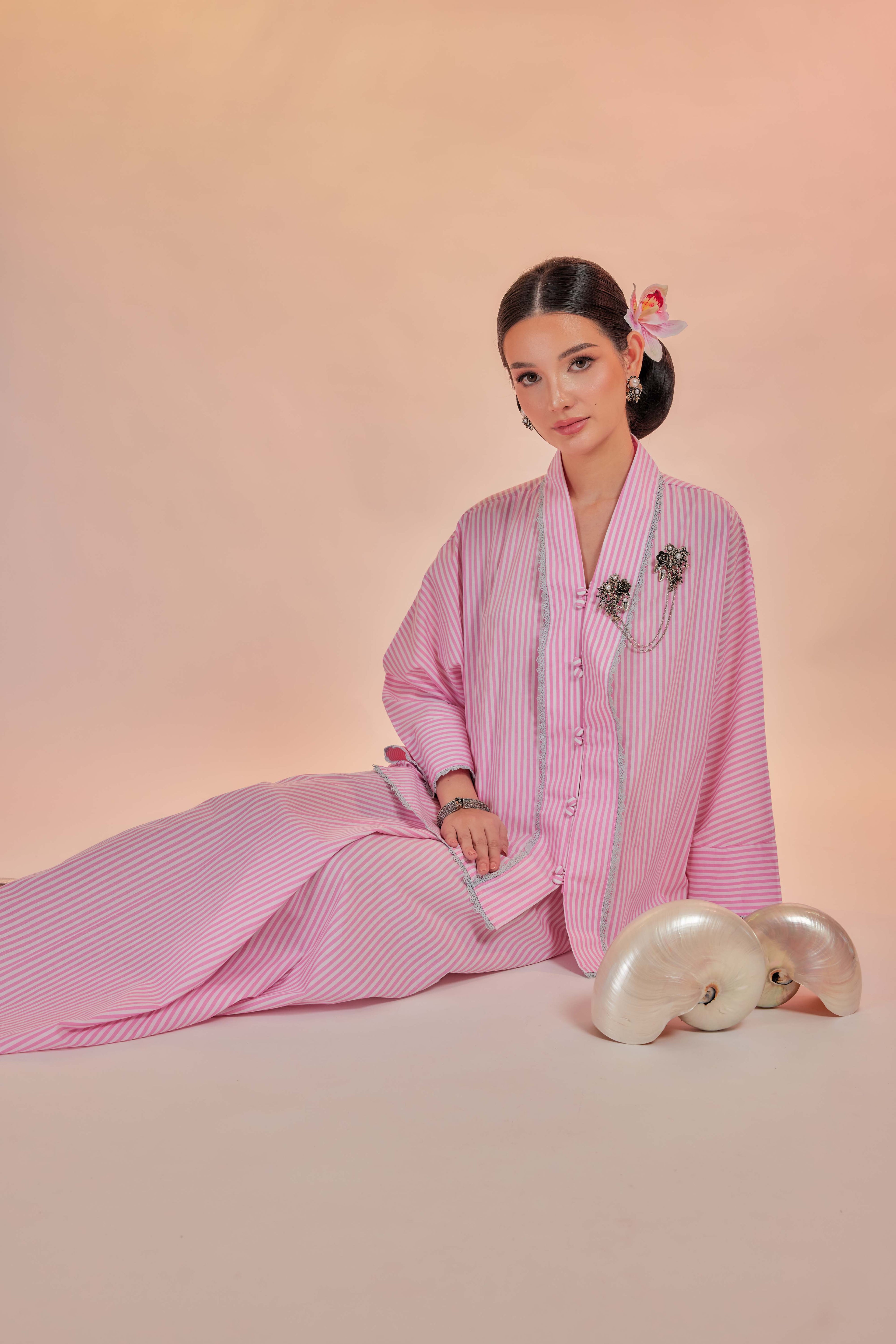 Samor-Orked Cotton Striped Kebaya with Lace Trim Set