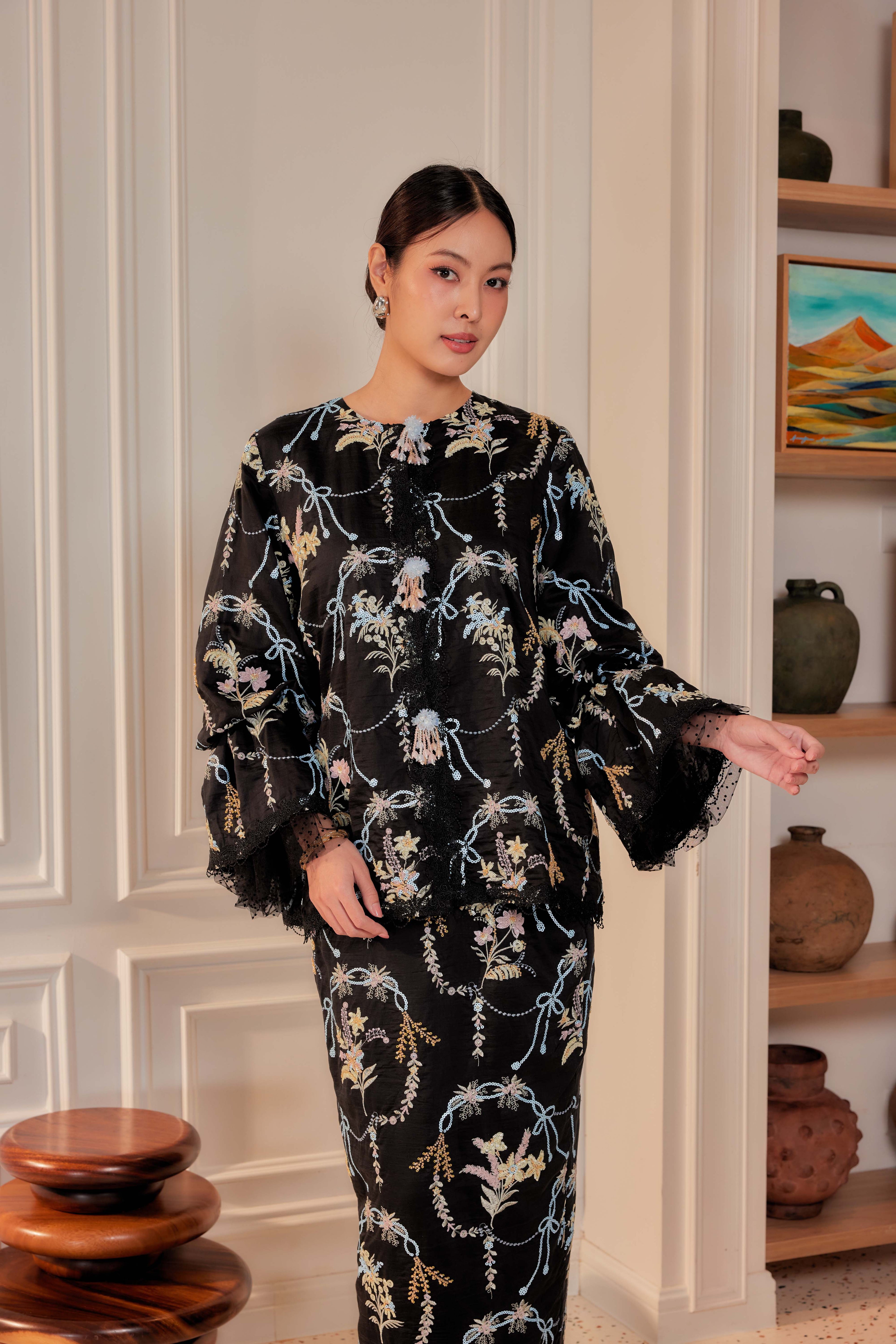 Hitam Manis - Marni Beaded Embellished Kurung with Set of 3 Brooch (Fully Lined)