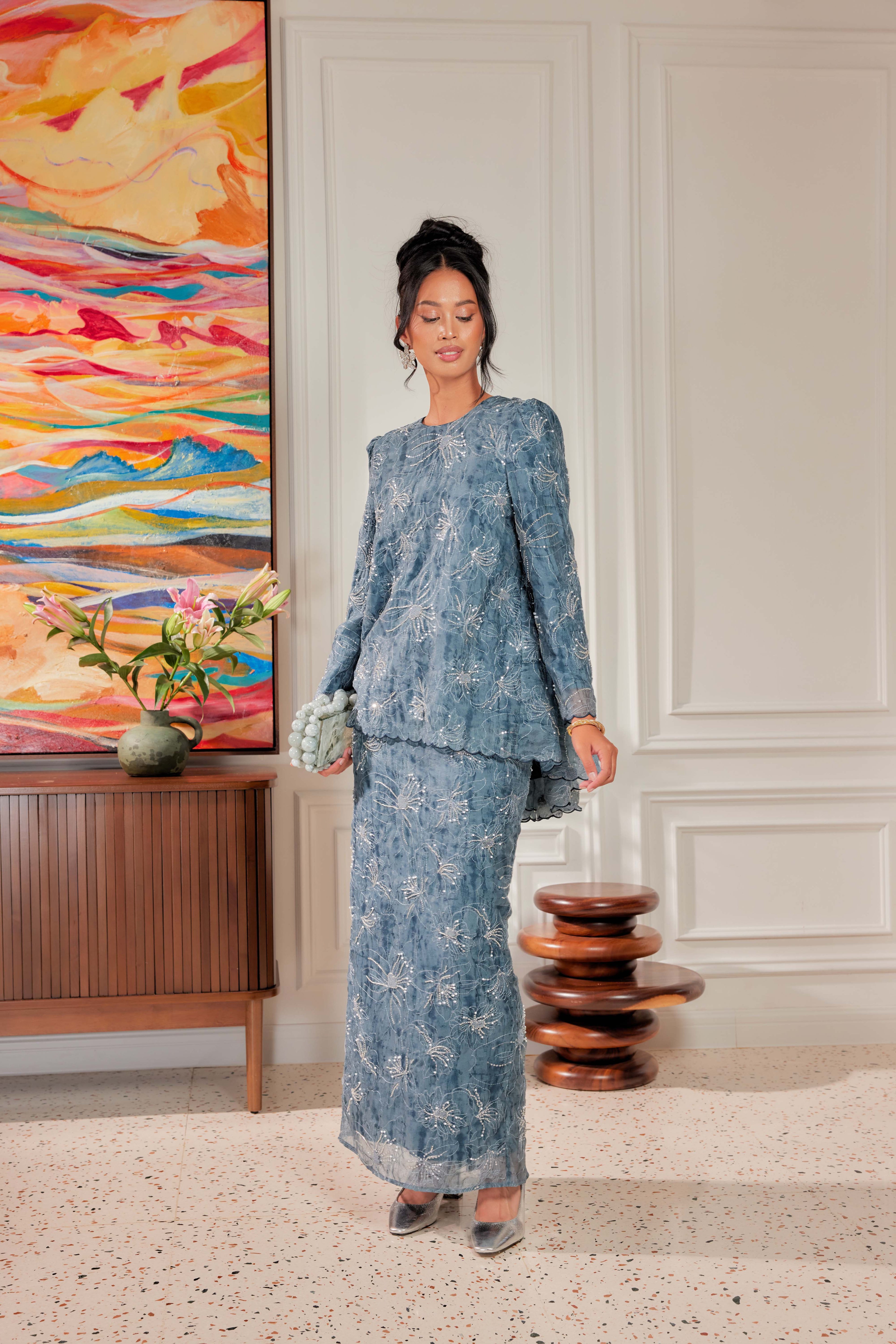 Teal Blue - Nona Pearl Beaded Embellished Kurung (Fully Lined)