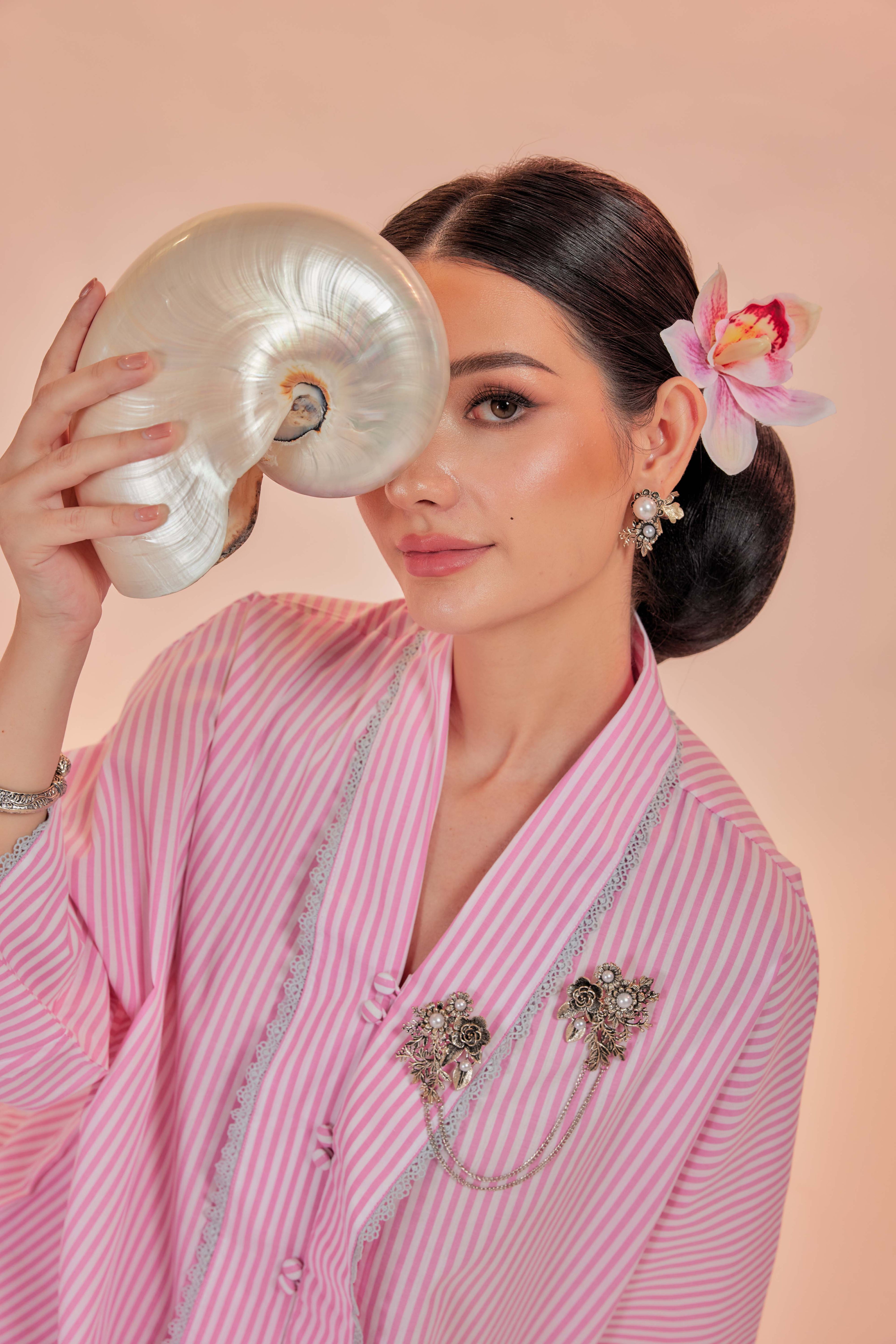 Samor-Orked Cotton Striped Kebaya with Lace Trim Set