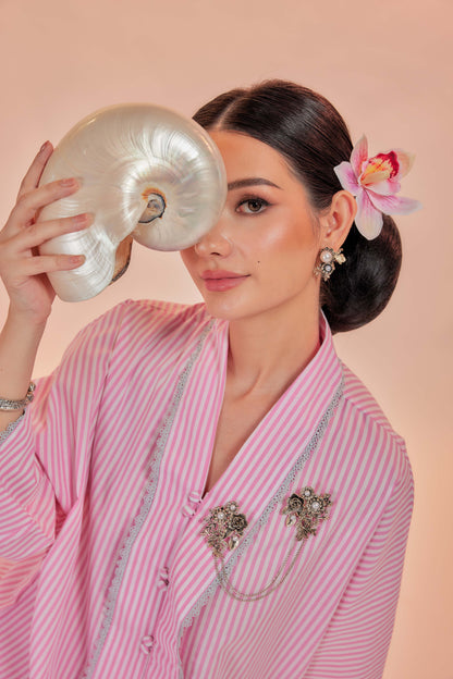 Samor-Orked Cotton Striped Kebaya with Lace Trim Set