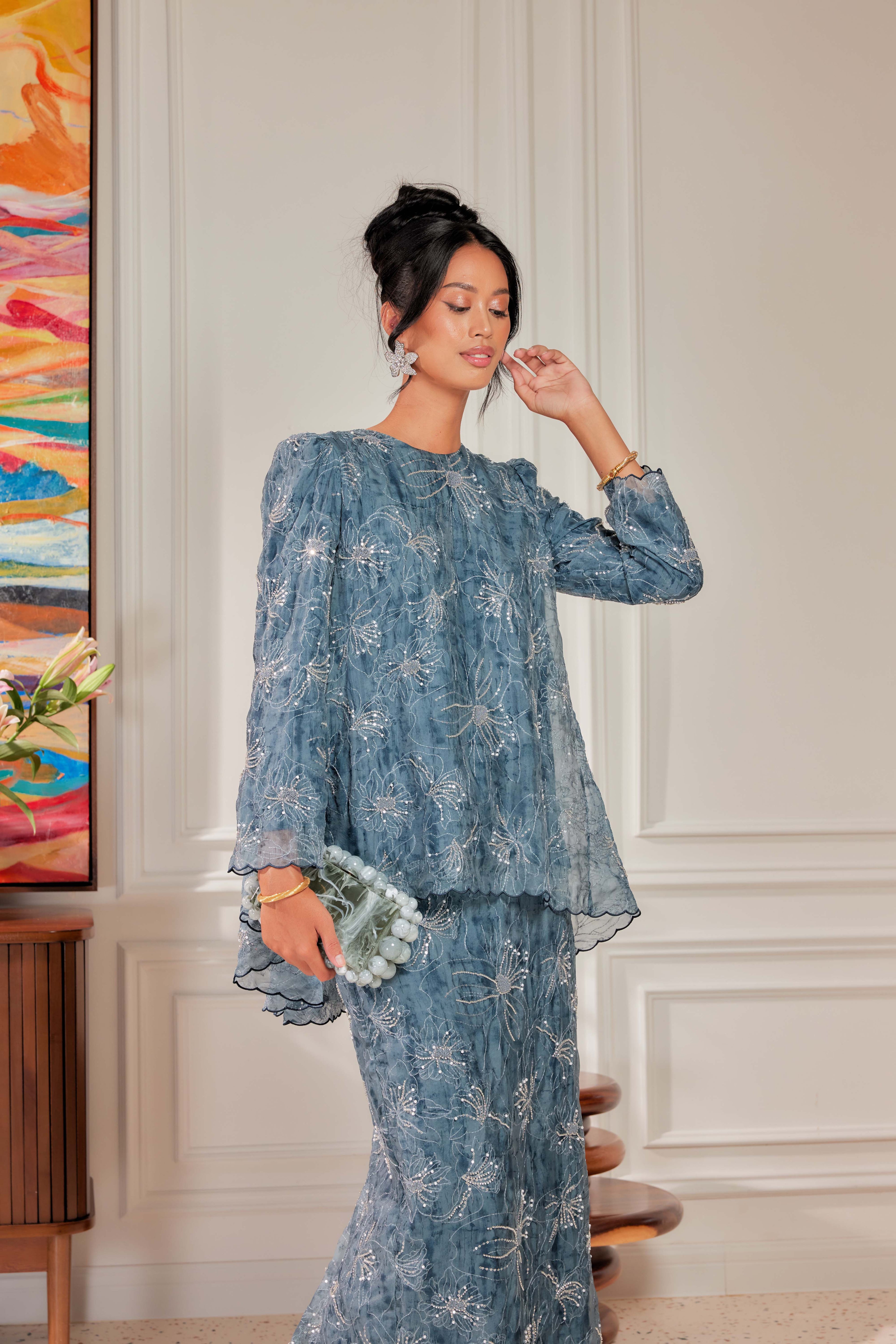 Teal Blue - Nona Pearl Beaded Embellished Kurung (Fully Lined)