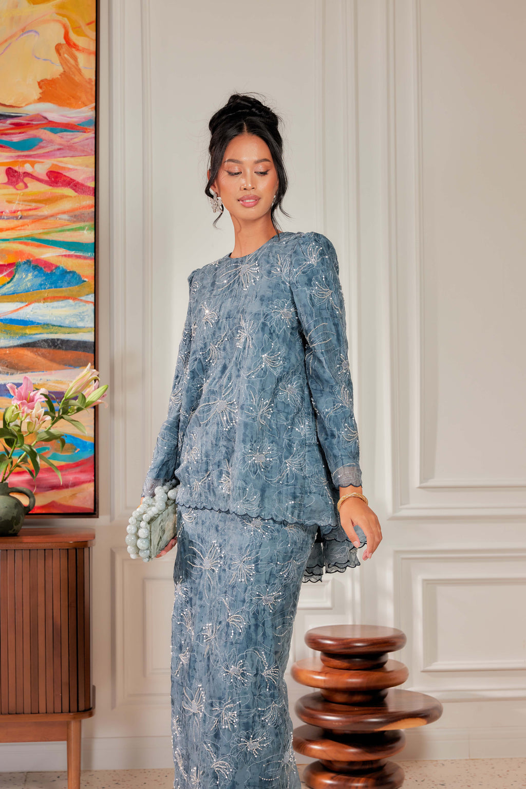Teal Blue - Nona Pearl Beaded Embellished Kurung (Fully Lined)