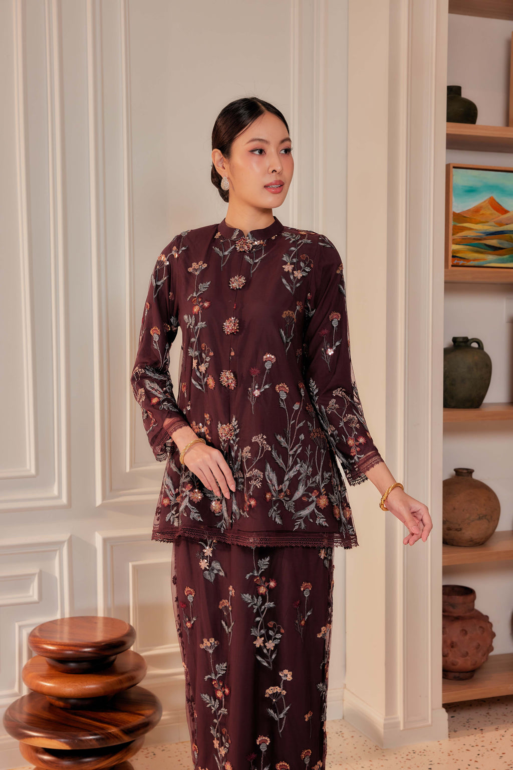 Dark Cherry Burgundy - Dian Embellished Kebarung with Embroidery Lace Trim