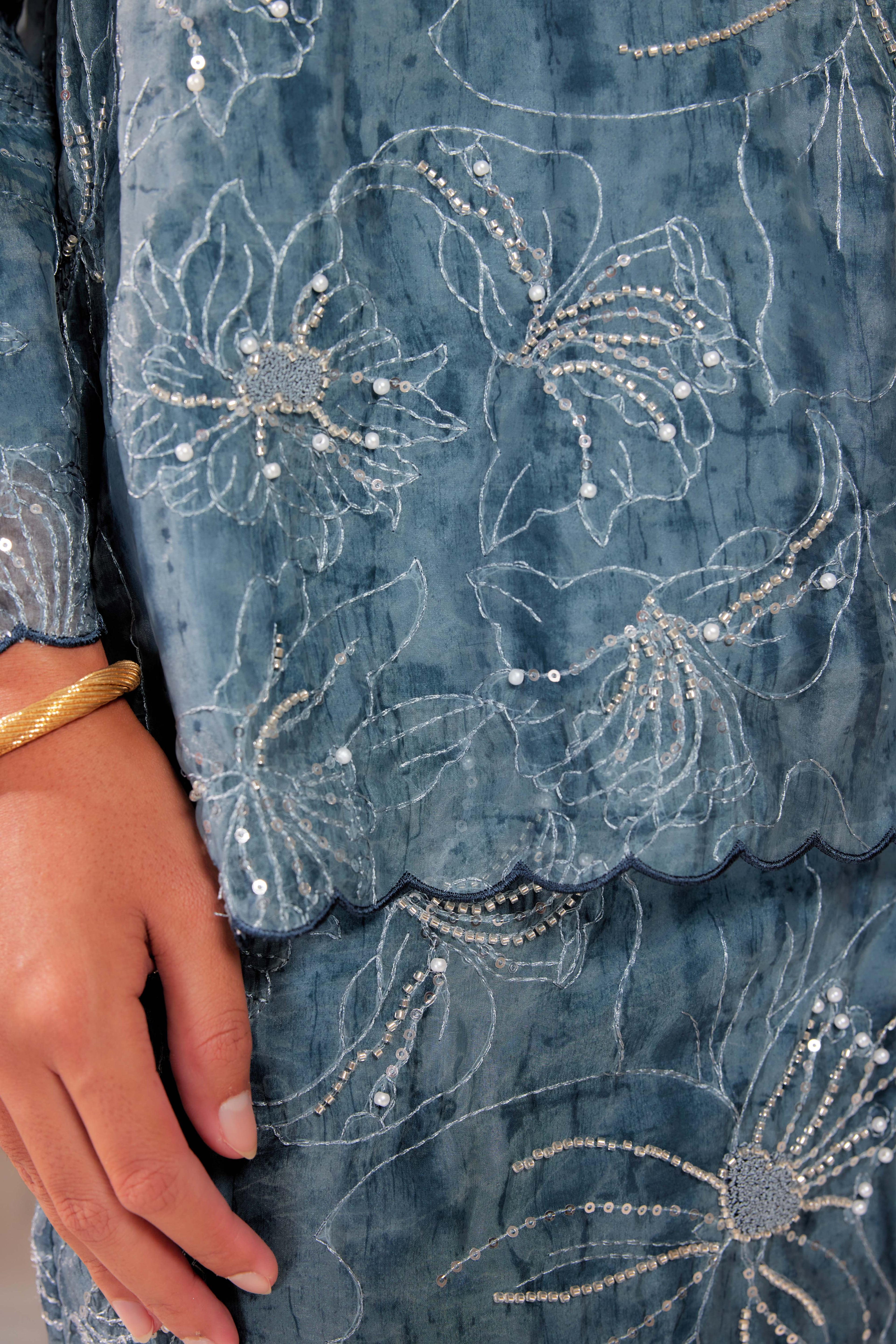 Teal Blue - Nona Pearl Beaded Embellished Kurung (Fully Lined)