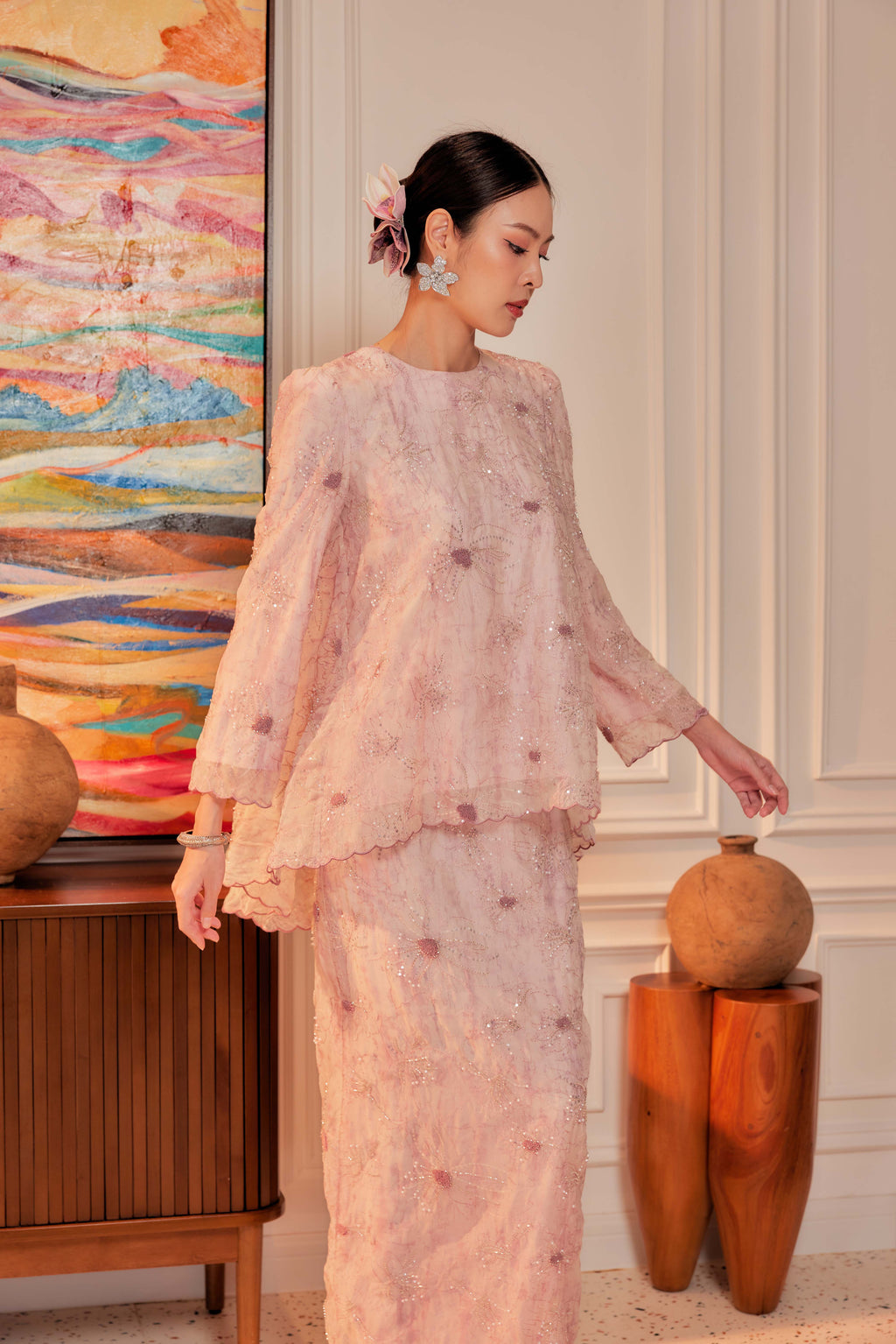 Cotton Candy - Nona Pearl Beaded Embellished Kurung (Fully Lined)