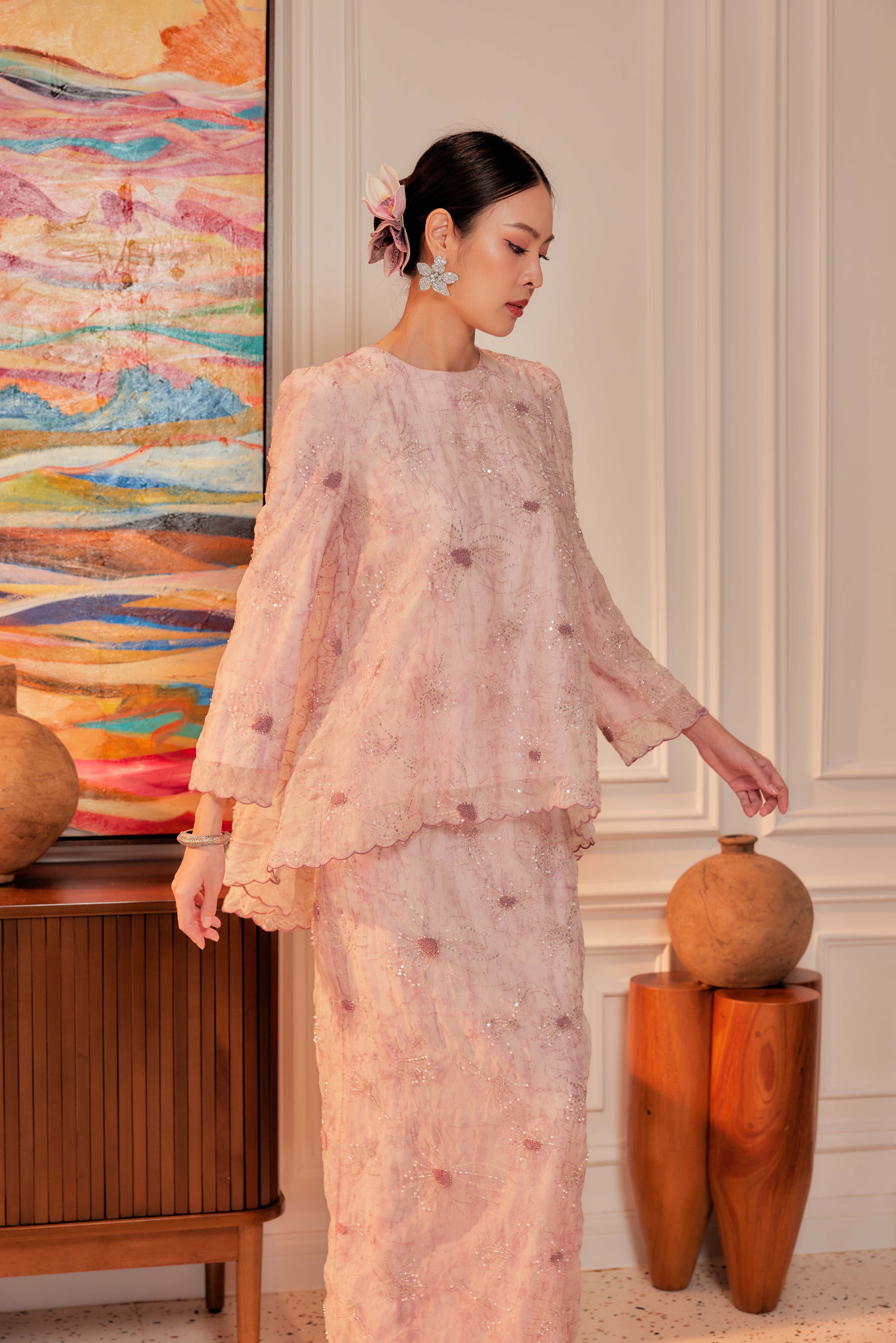 Cotton Candy - Nona Pearl Beaded Embellished Kurung (Fully Lined)