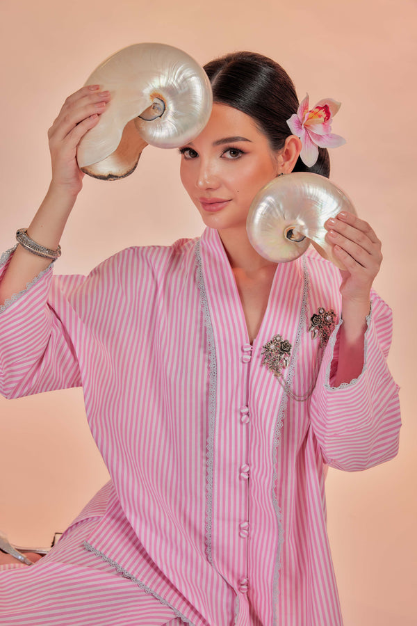 Samor-Orked Cotton Striped Kebaya with Lace Trim Set