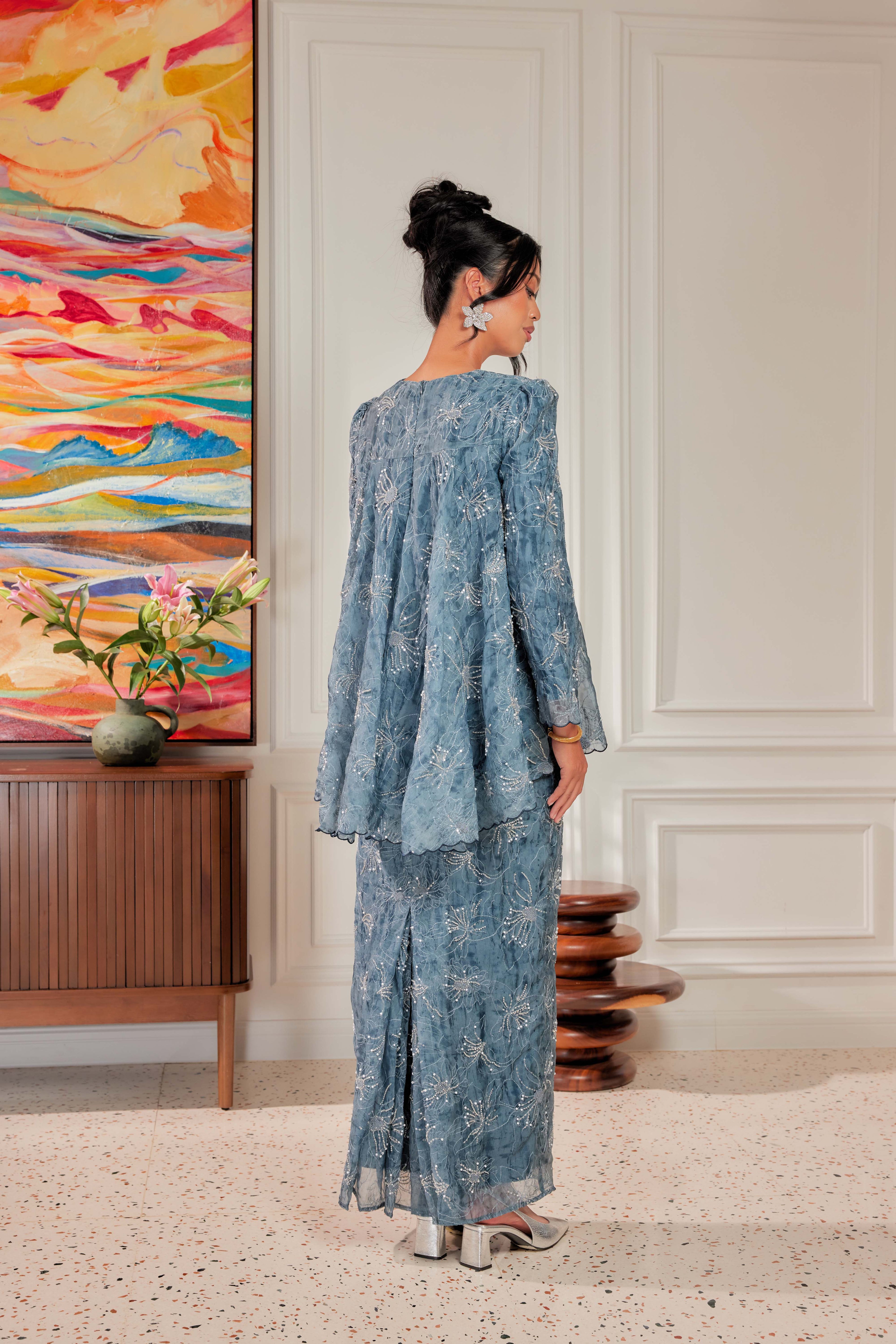 Teal Blue - Nona Pearl Beaded Embellished Kurung (Fully Lined)