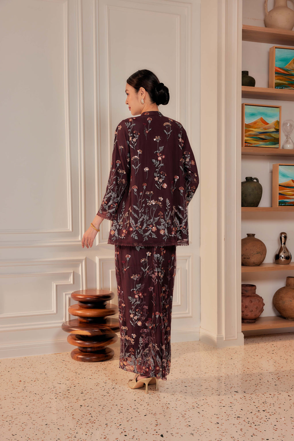 Dark Cherry Burgundy - Dian Embellished Kebarung with Embroidery Lace Trim
