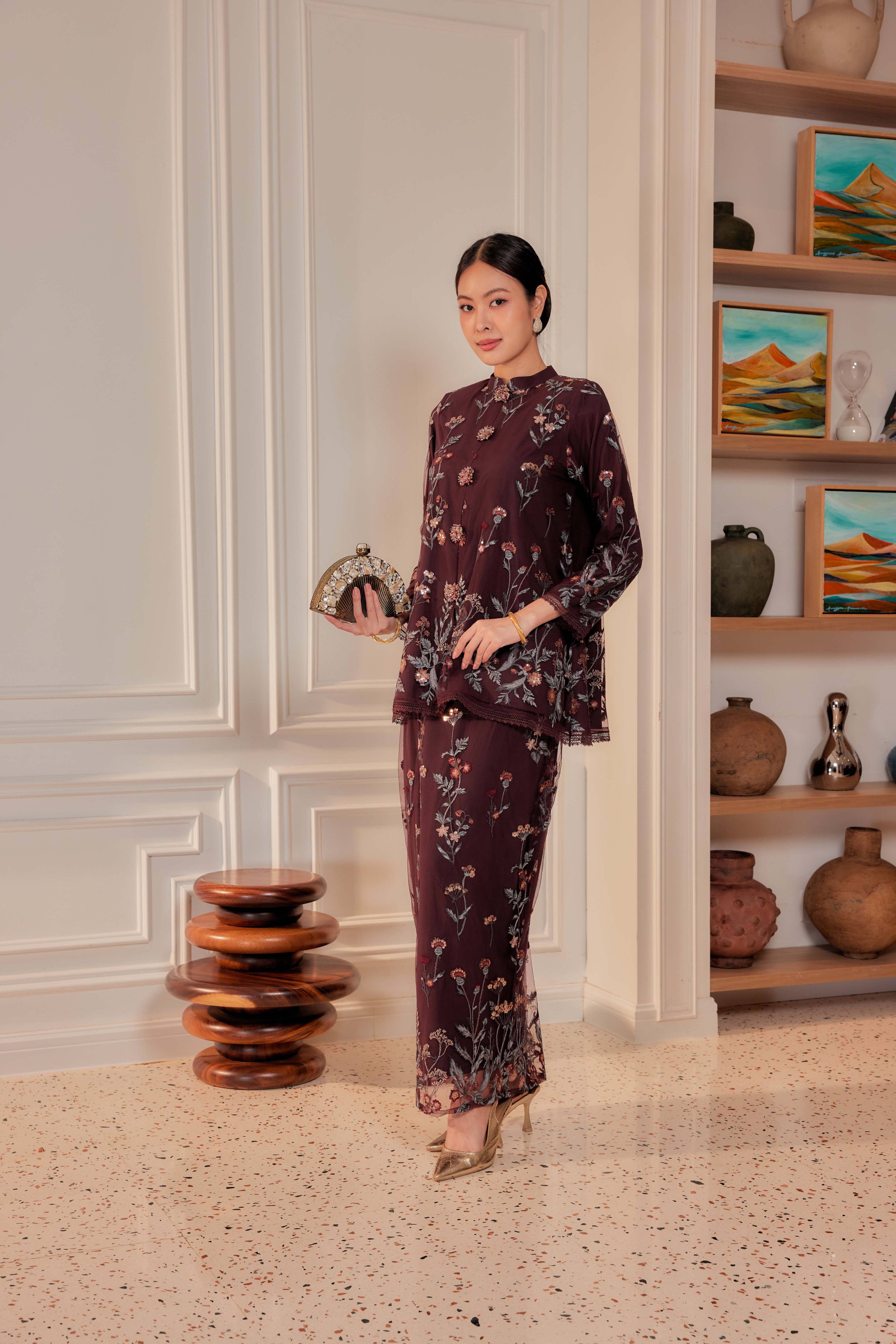 Dark Cherry Burgundy - Dian Embellished Kebarung with Embroidery Lace Trim  [PREORDER MID FEB]