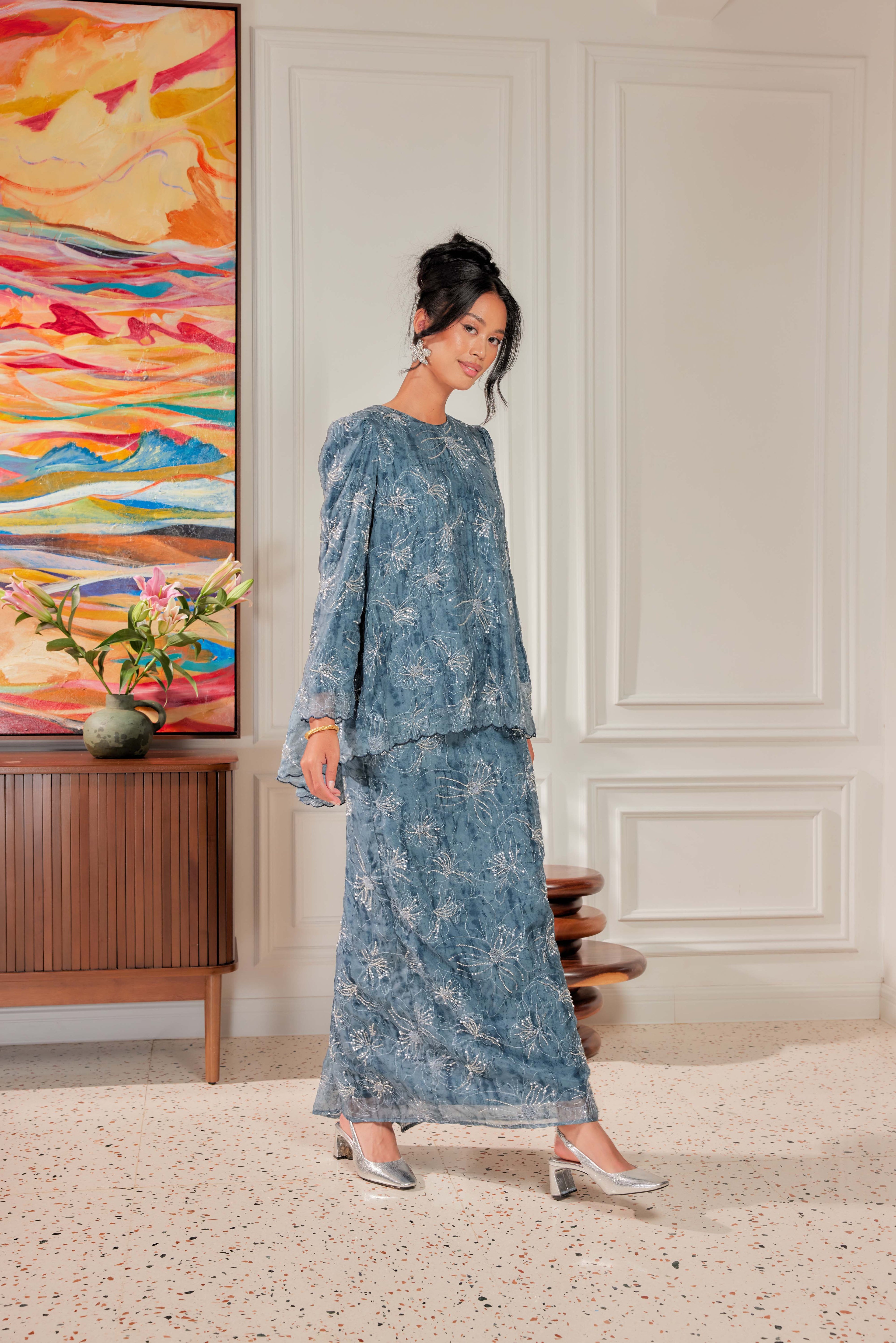 Teal Blue - Nona Pearl Beaded Embellished Kurung (Fully Lined)