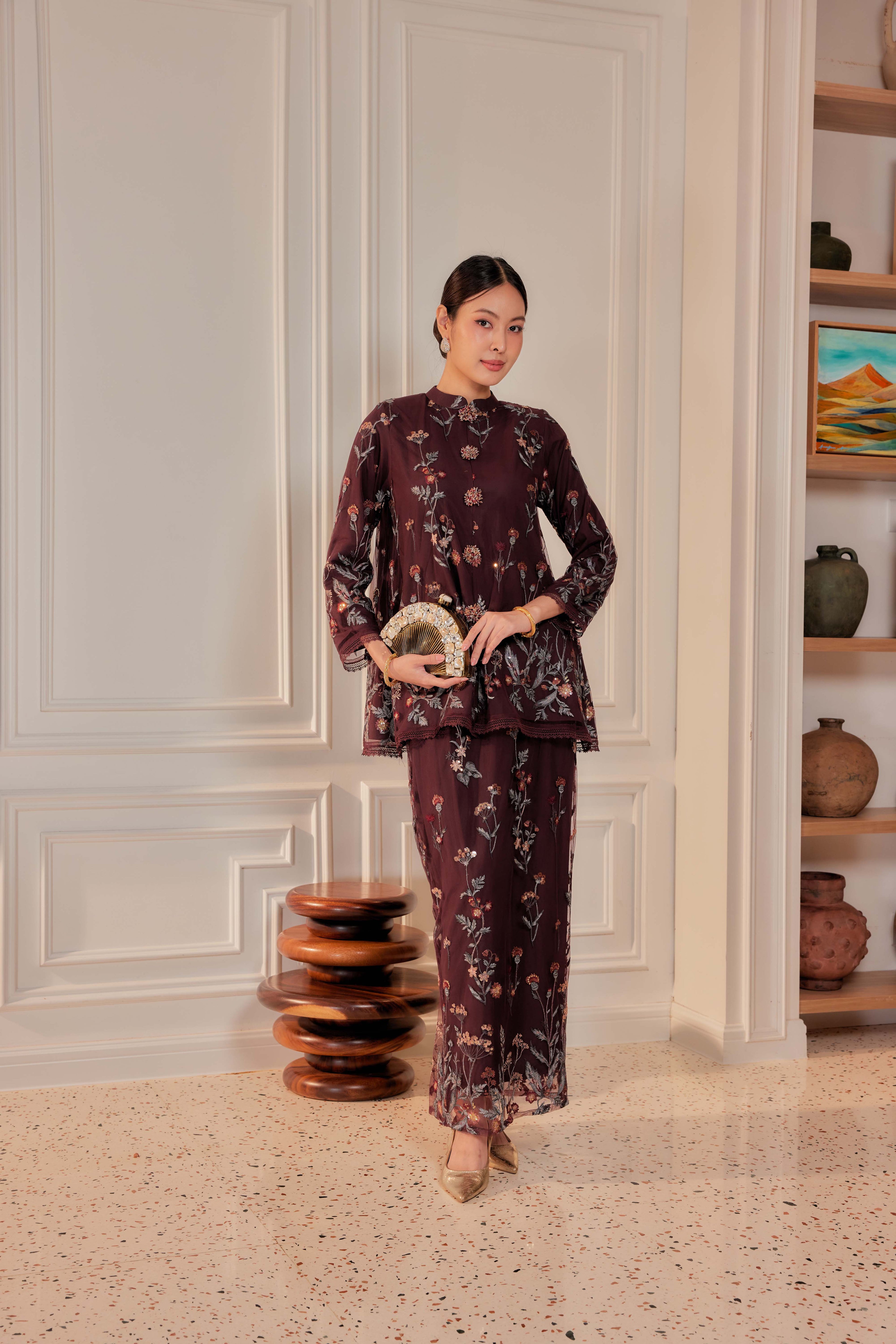 Dark Cherry Burgundy - Dian Embellished Kebarung with Embroidery Lace Trim  [PREORDER MID FEB]