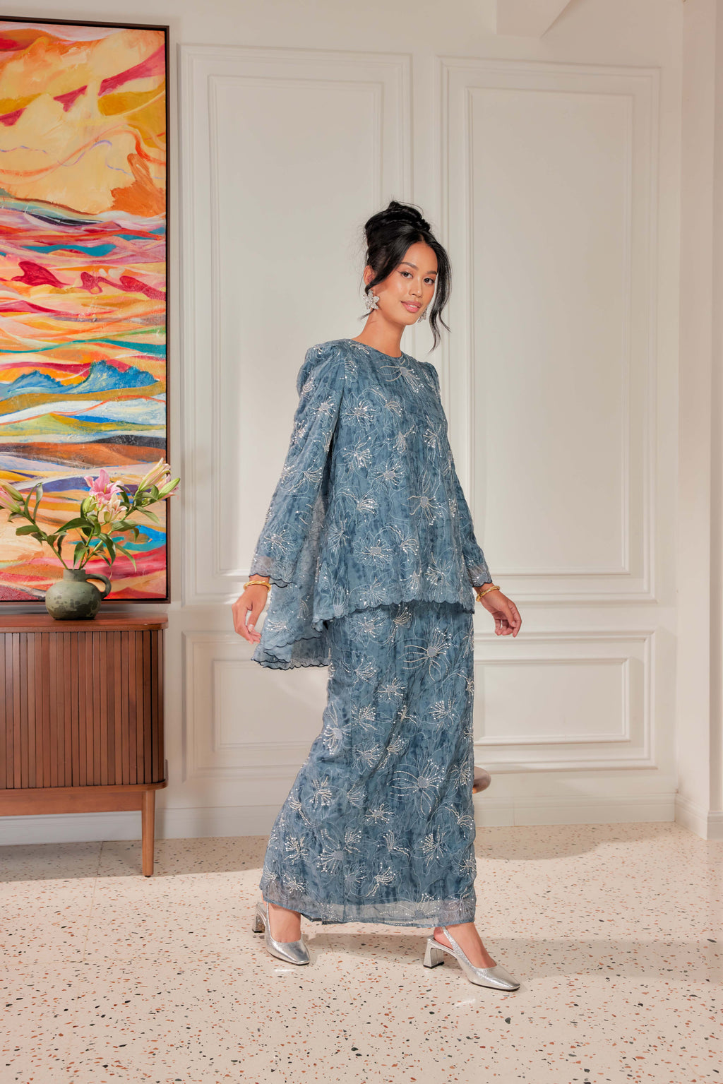 Teal Blue - Nona Pearl Beaded Embellished Kurung (Fully Lined)