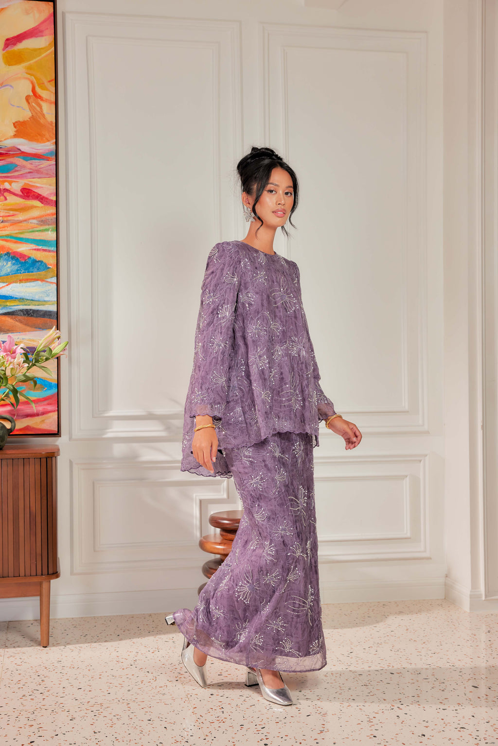 Ungu Telang - Nona Pearl Beaded Embellished Kurung (Fully Lined)