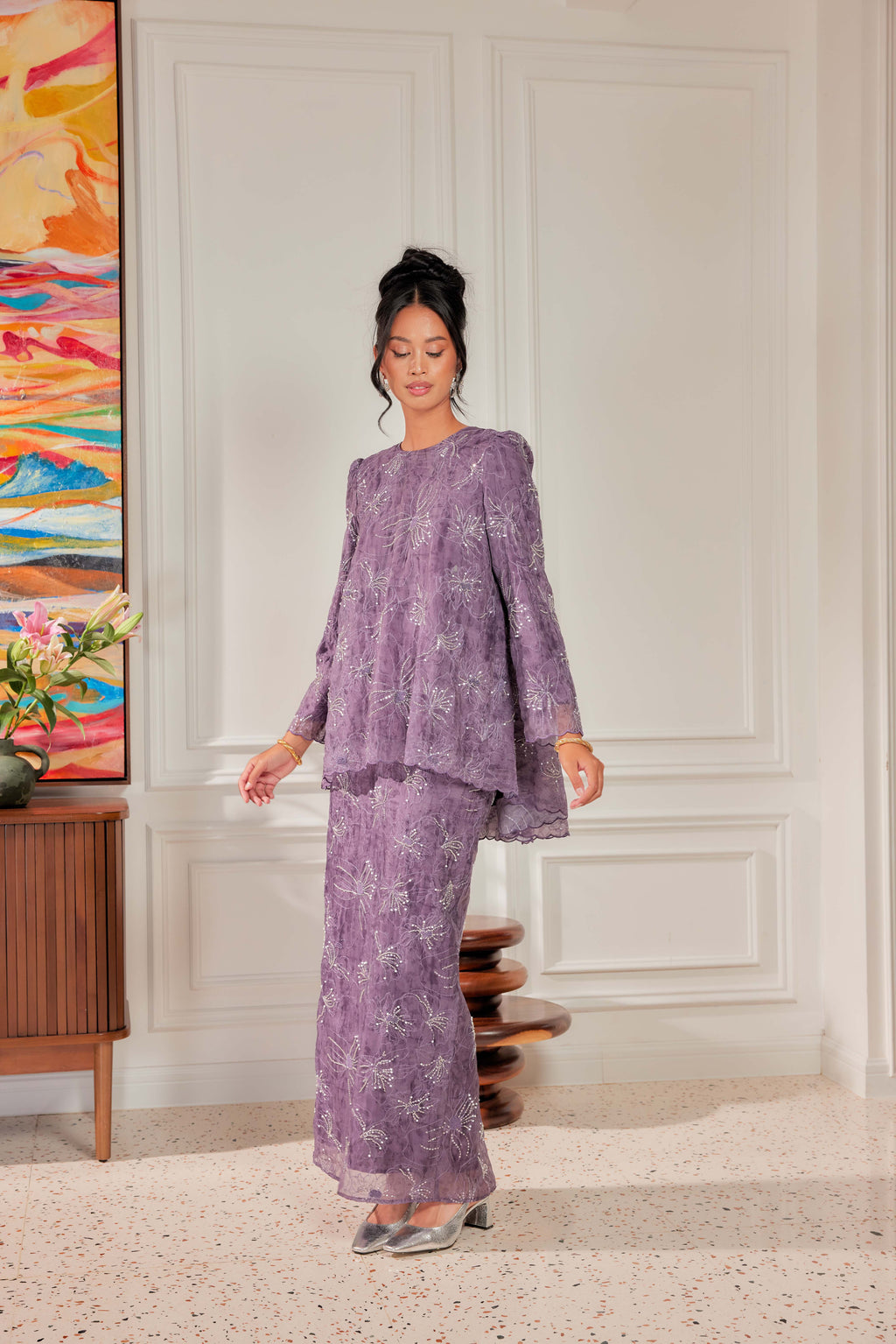 Ungu Telang - Nona Pearl Beaded Embellished Kurung (Fully Lined)