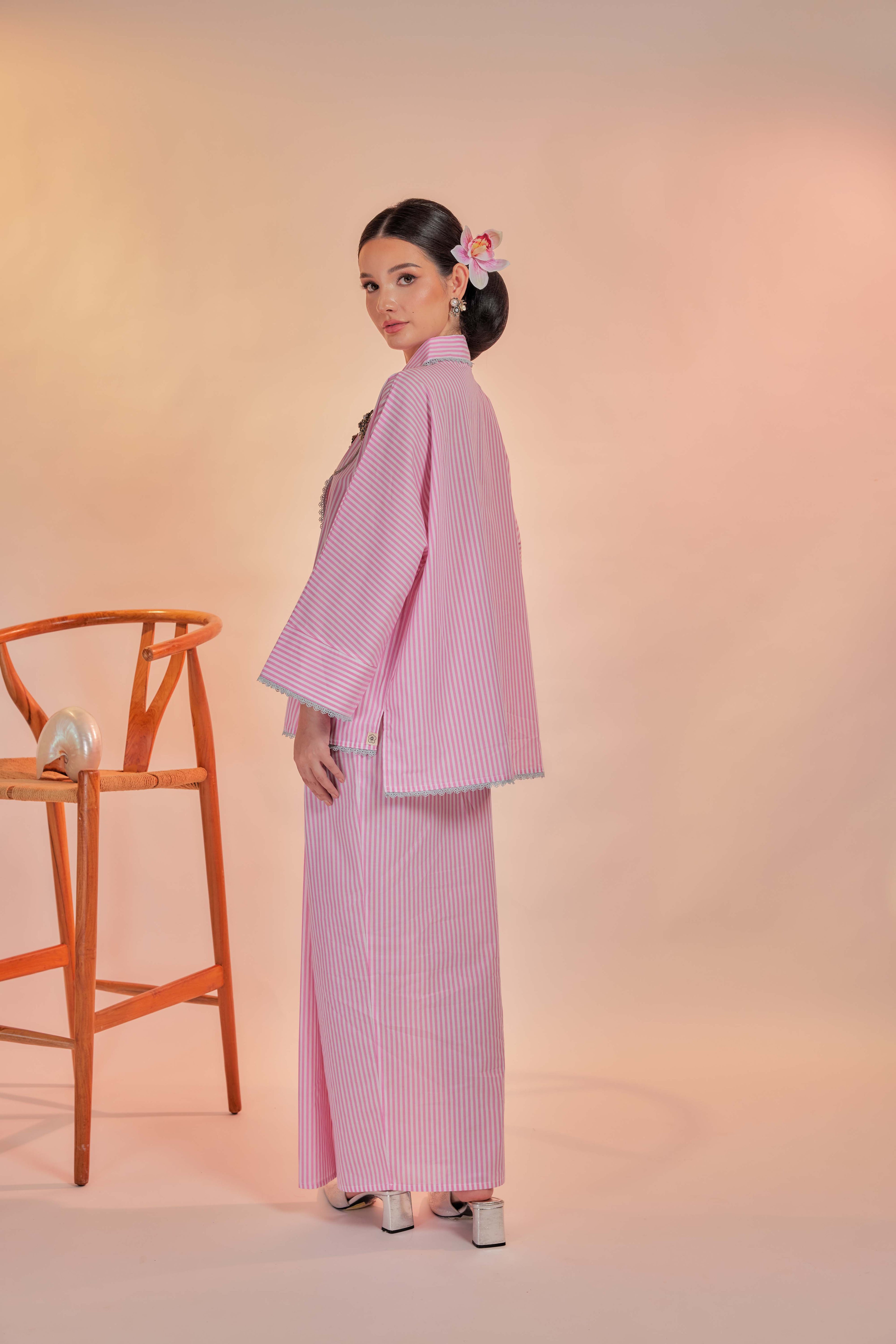 Samor-Orked Cotton Striped Kebaya with Lace Trim Set