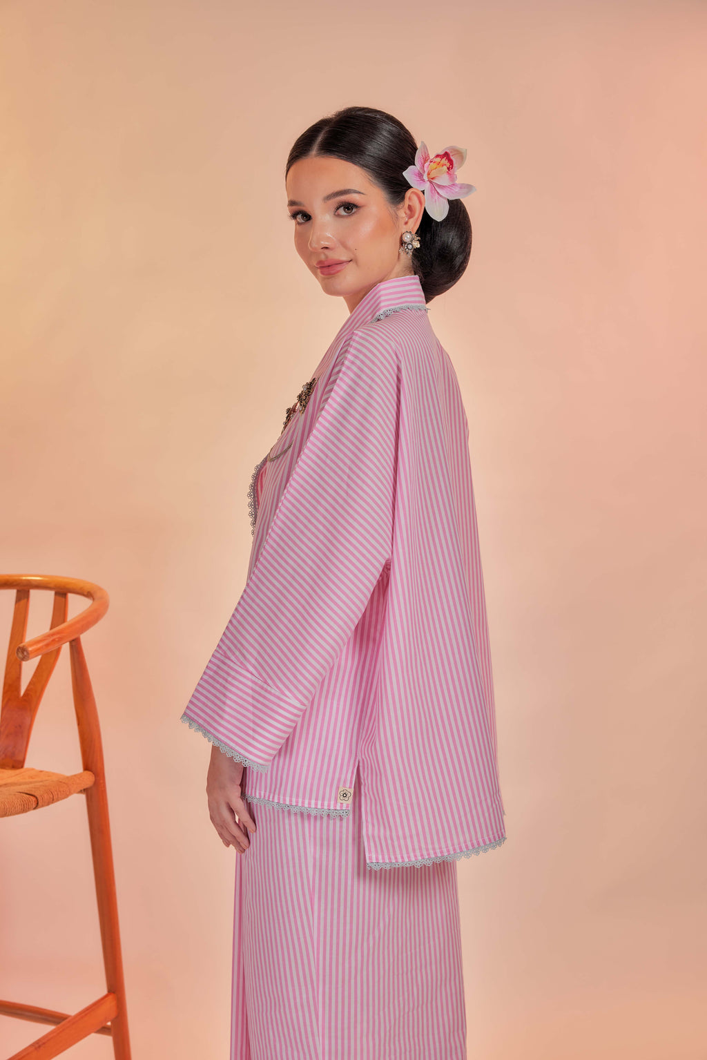 Samor-Orked Cotton Striped Kebaya with Lace Trim Set