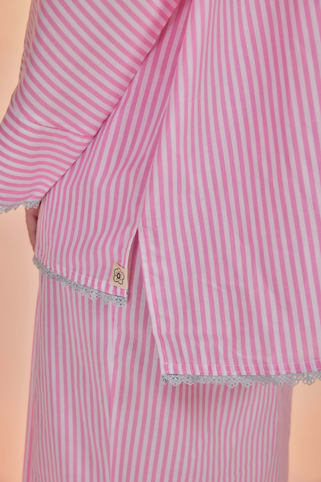 Samor-Orked Cotton Striped Kebaya with Lace Trim Set