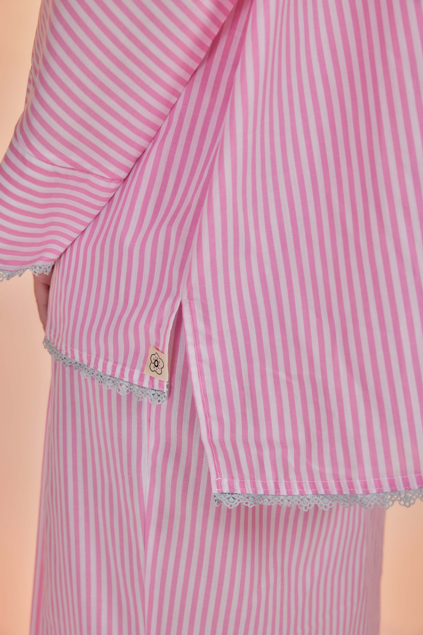 Samor-Orked Cotton Striped Kebaya with Lace Trim Set