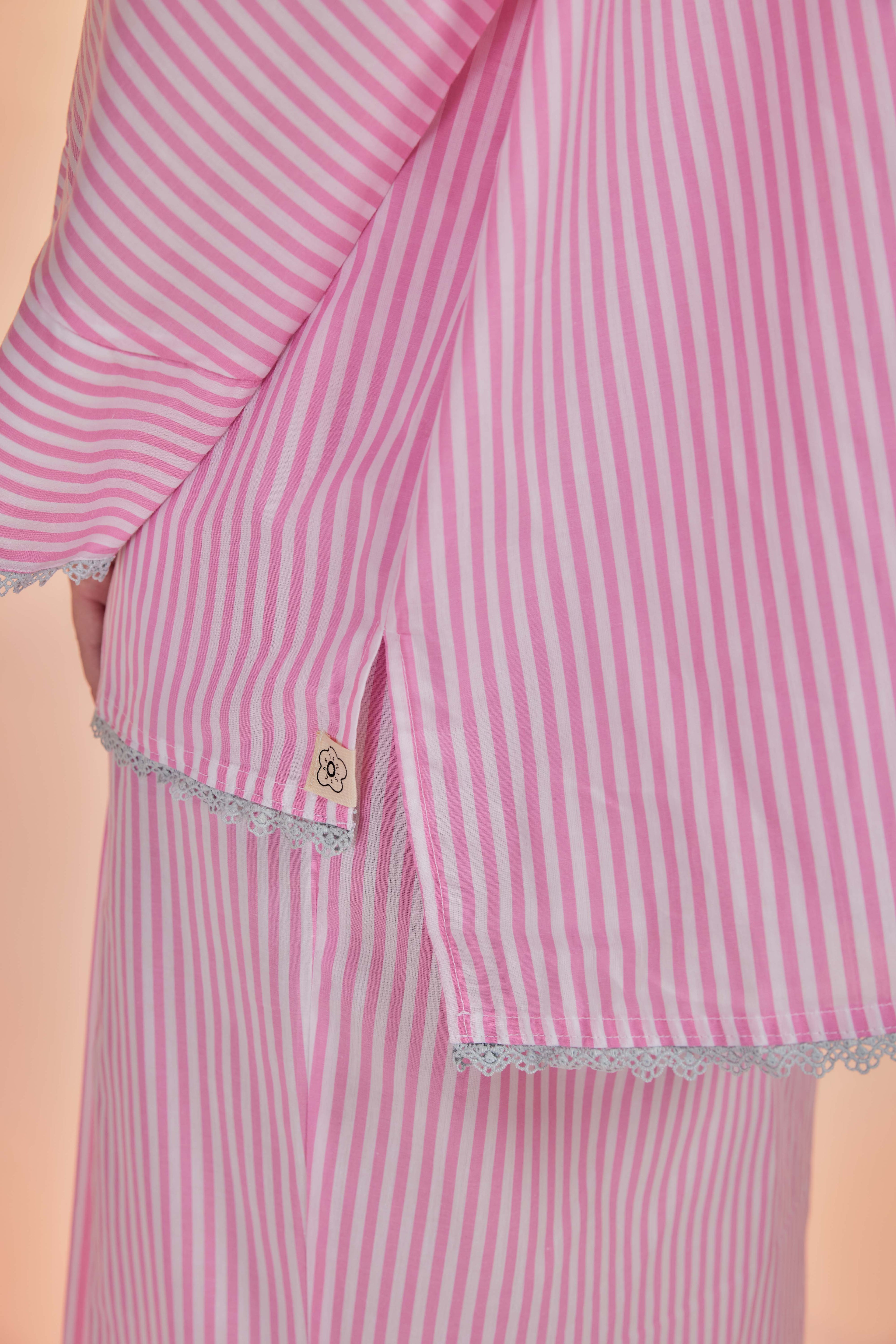 Samor-Orked Cotton Striped Kebaya with Lace Trim Set