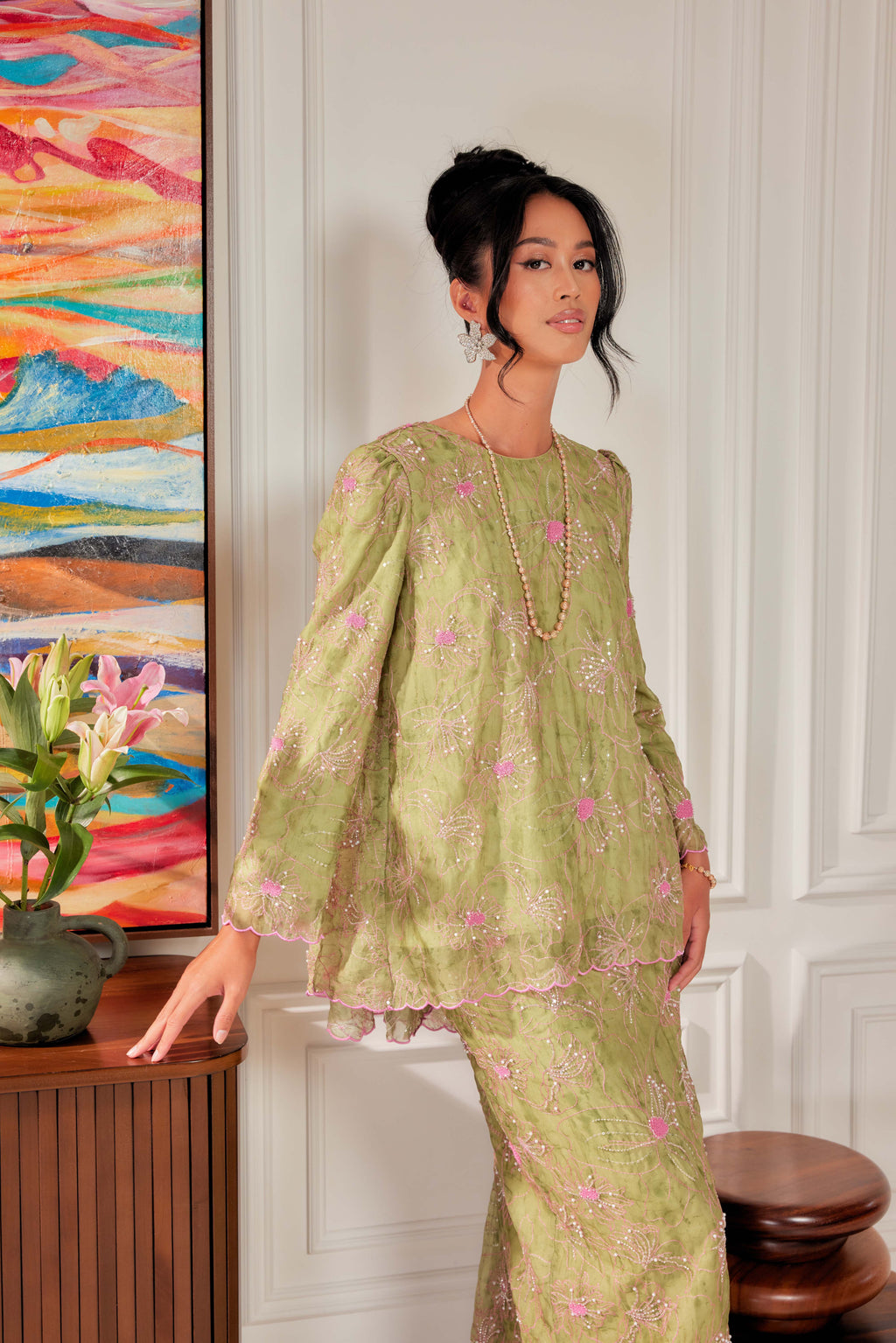 Strawberry Matcha - Nona Pearl Beaded Embellished Kurung (Fully Lined)
