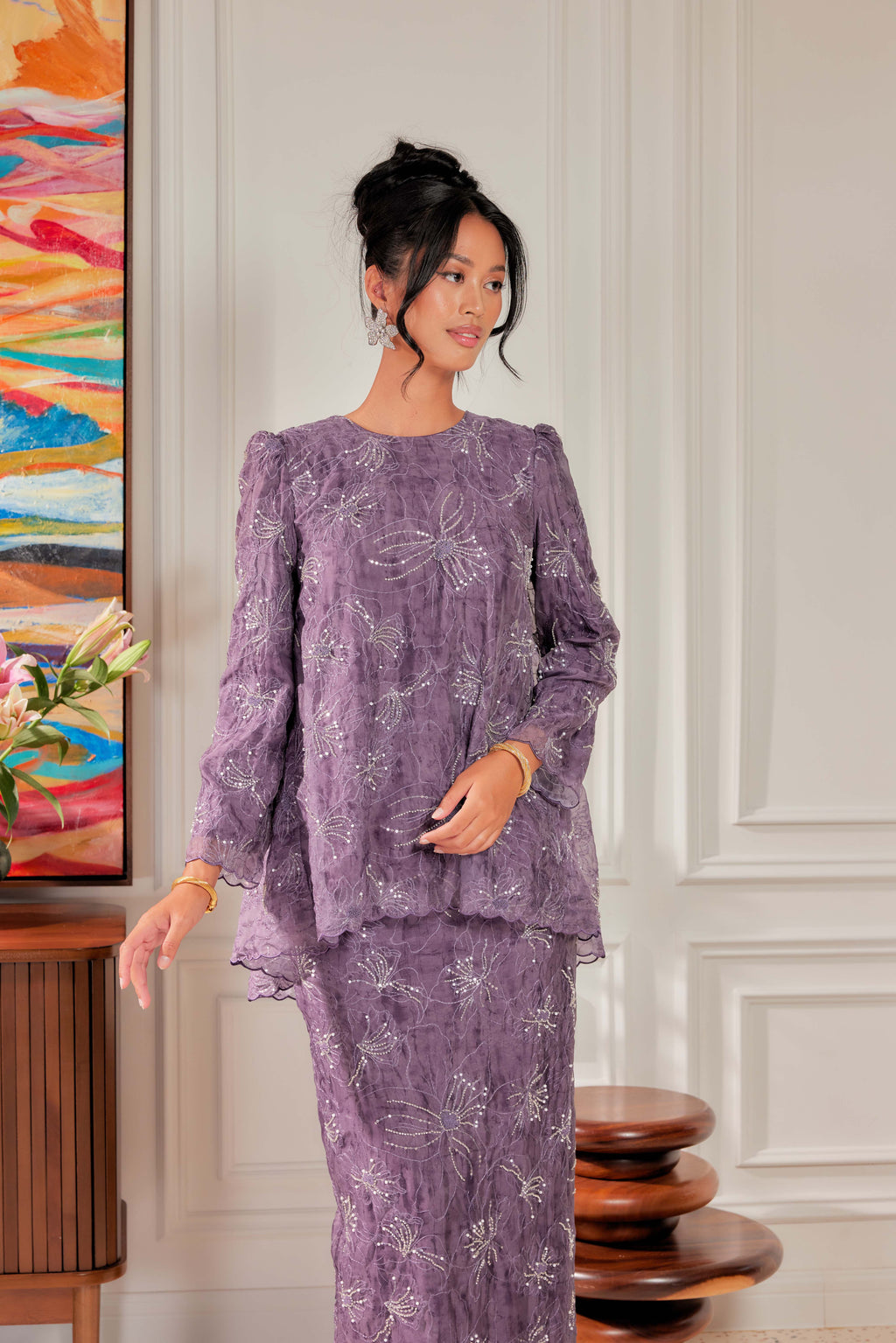 Ungu Telang - Nona Pearl Beaded Embellished Kurung (Fully Lined)