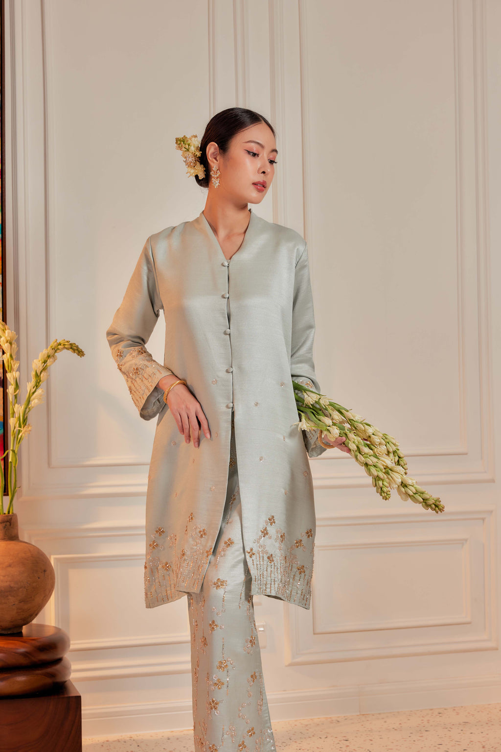 Periwinkle Mint - Bidasari Beaded Bunga Tabur Motif Kebarung (Fully Lined)