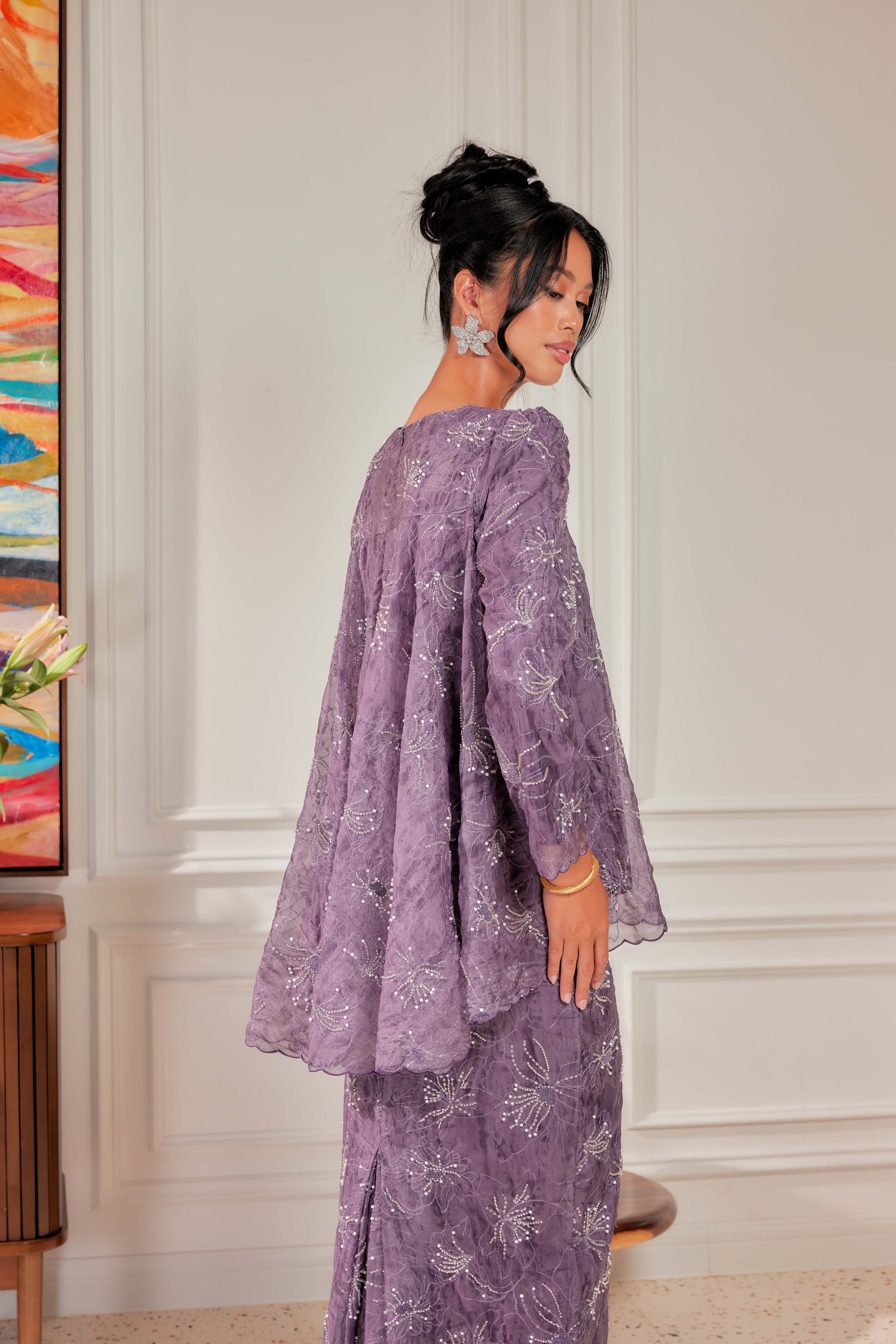 Ungu Telang - Nona Pearl Beaded Embellished Kurung (Fully Lined)