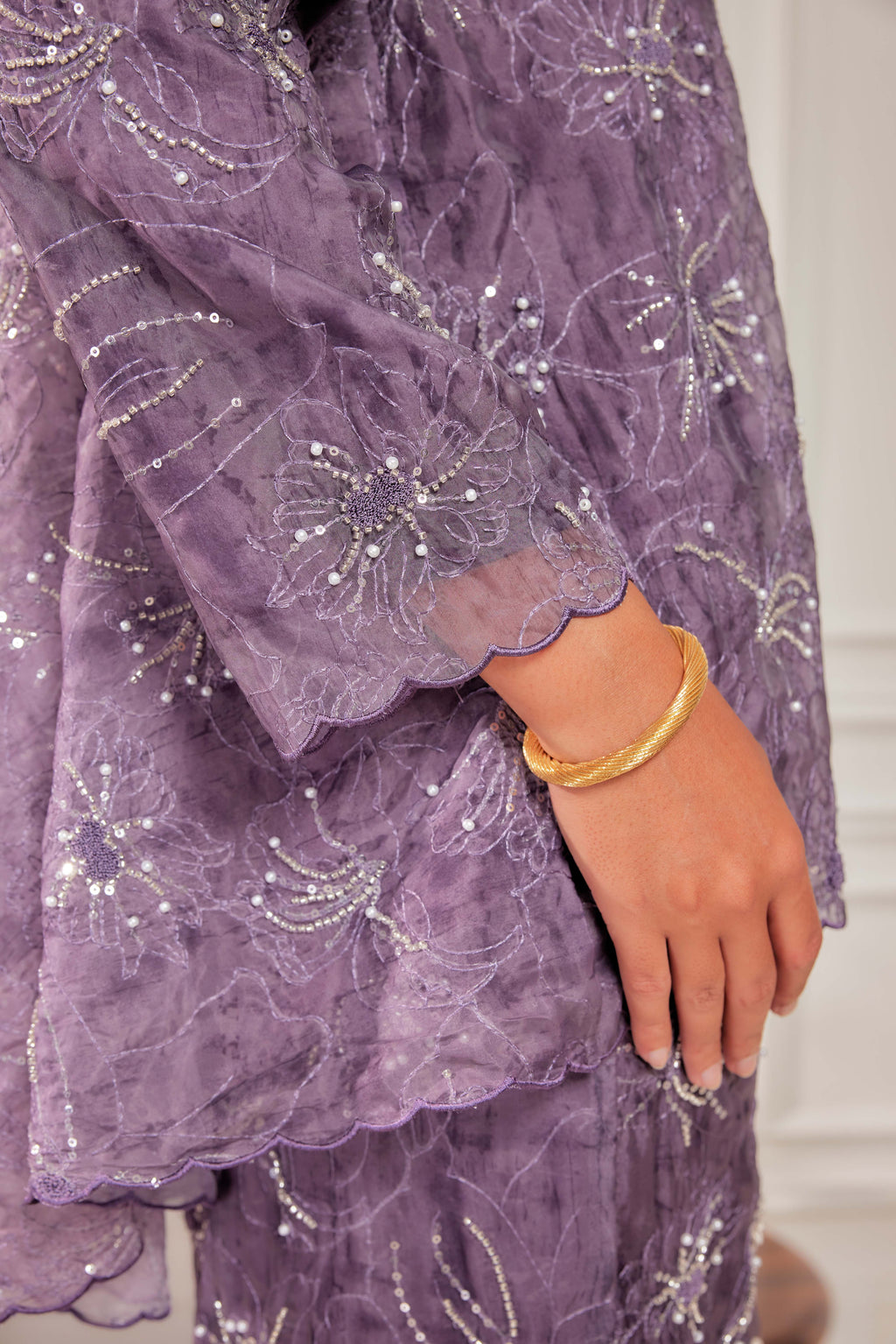 Ungu Telang - Nona Pearl Beaded Embellished Kurung (Fully Lined)