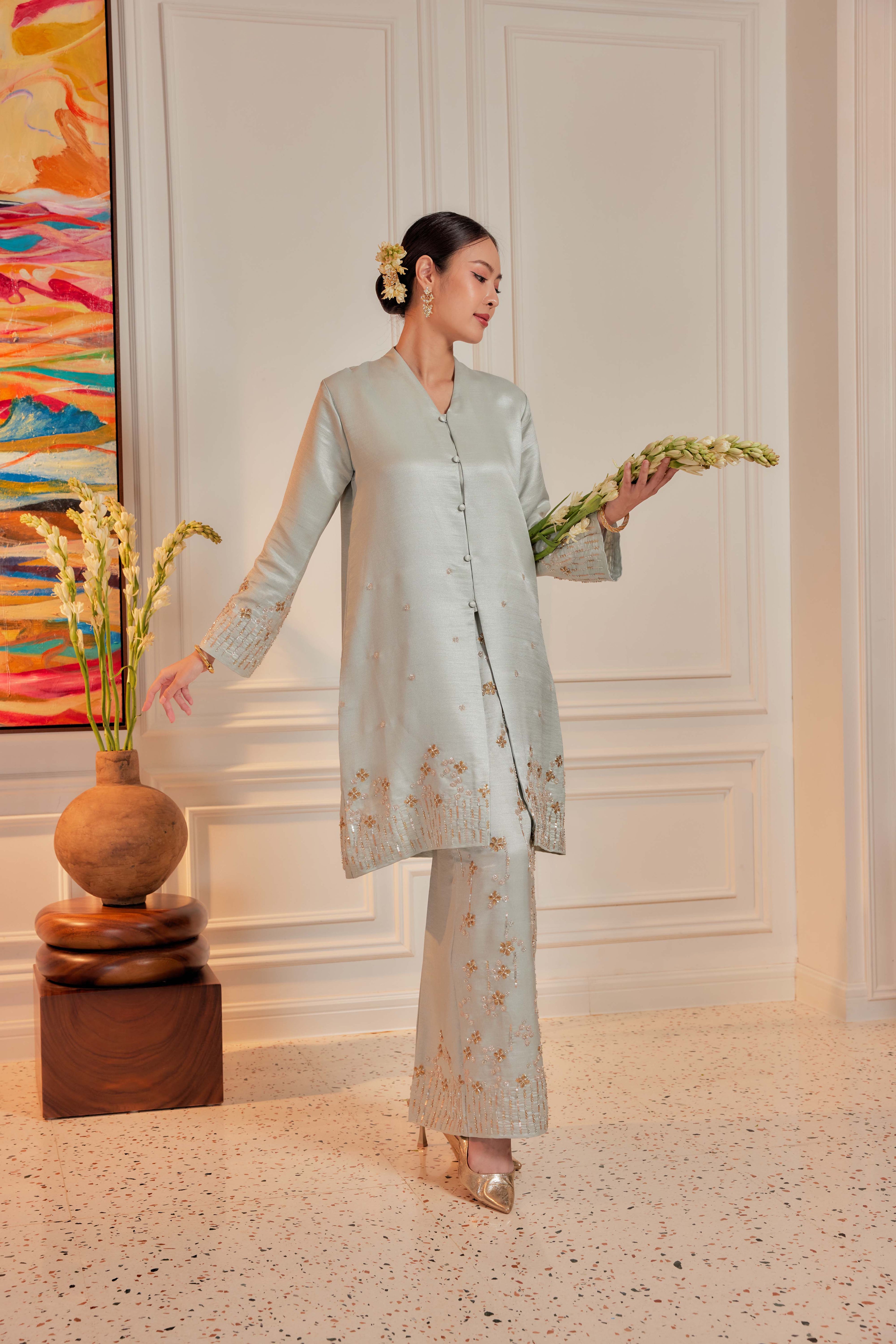 Periwinkle Mint - Bidasari Beaded Bunga Tabur Motif Kebarung (Fully Lined)