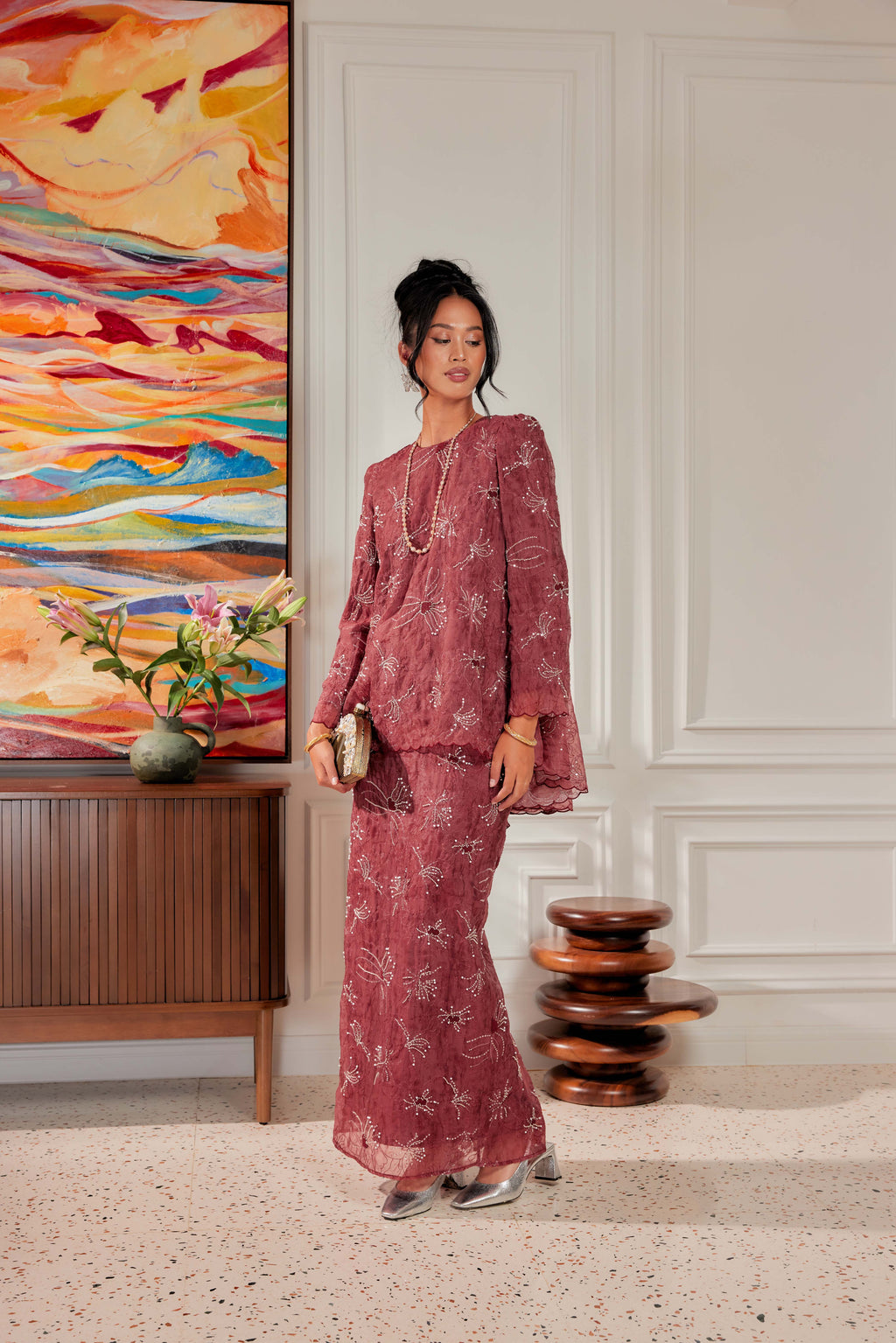 Vintage Burgundy - Nona Pearl Beaded Embellished Kurung (Fully Lined)