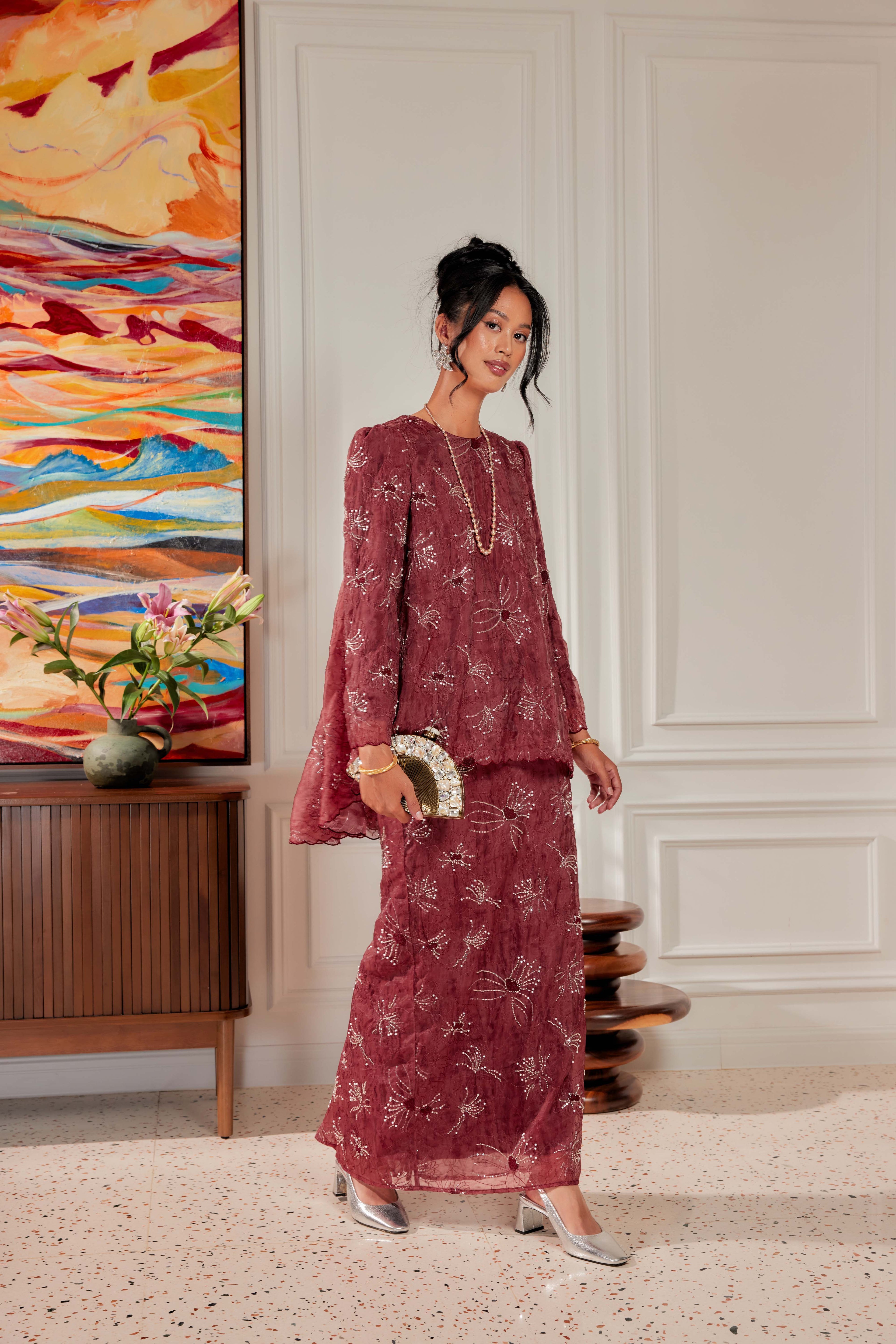 Vintage Burgundy - Nona Pearl Beaded Embellished Kurung (Fully Lined)