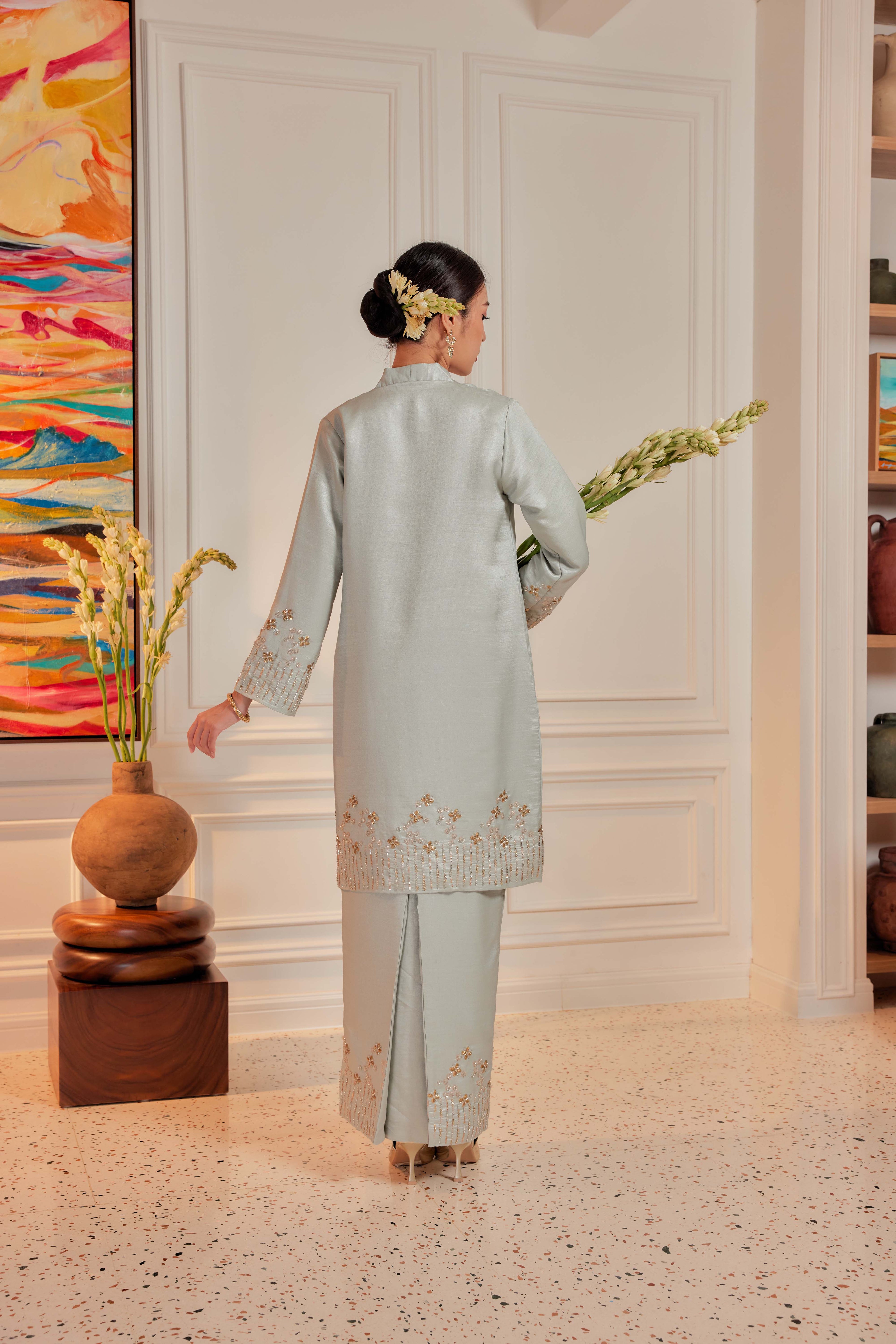 Periwinkle Mint - Bidasari Beaded Bunga Tabur Motif Kebarung (Fully Lined)