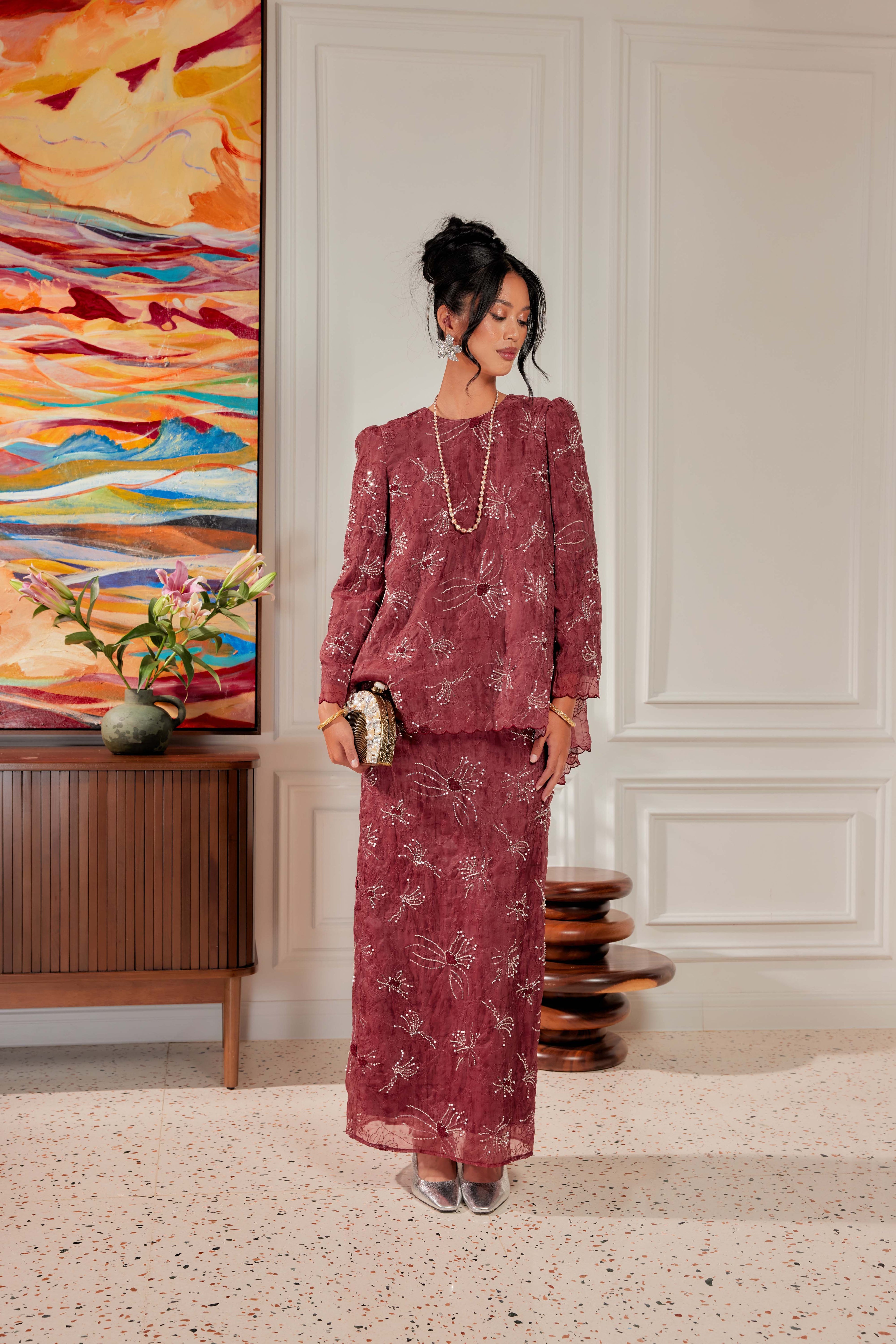 Vintage Burgundy - Nona Pearl Beaded Embellished Kurung (Fully Lined)