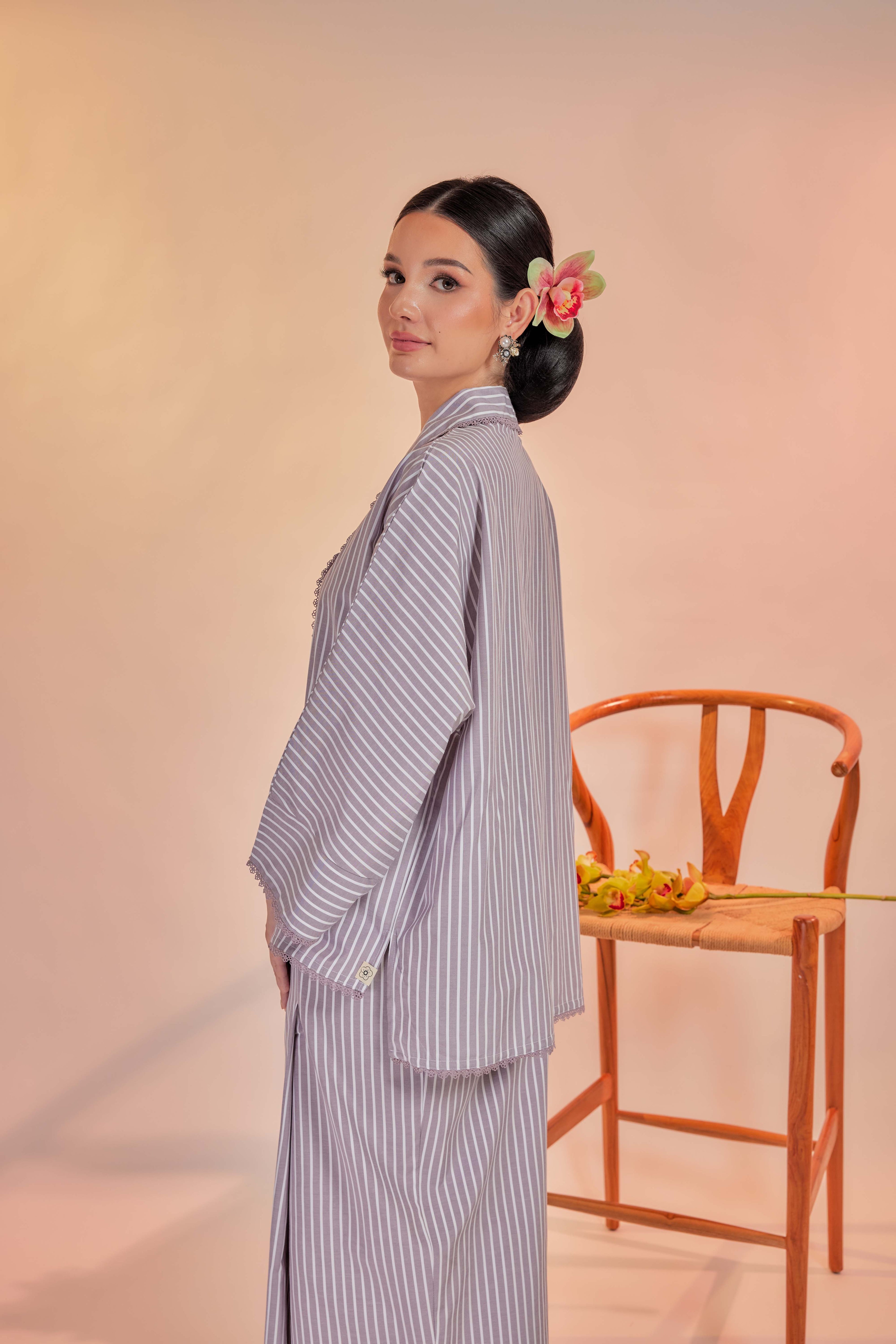 Lembayung-Orked Cotton Striped Kebaya with Lace Trim Set