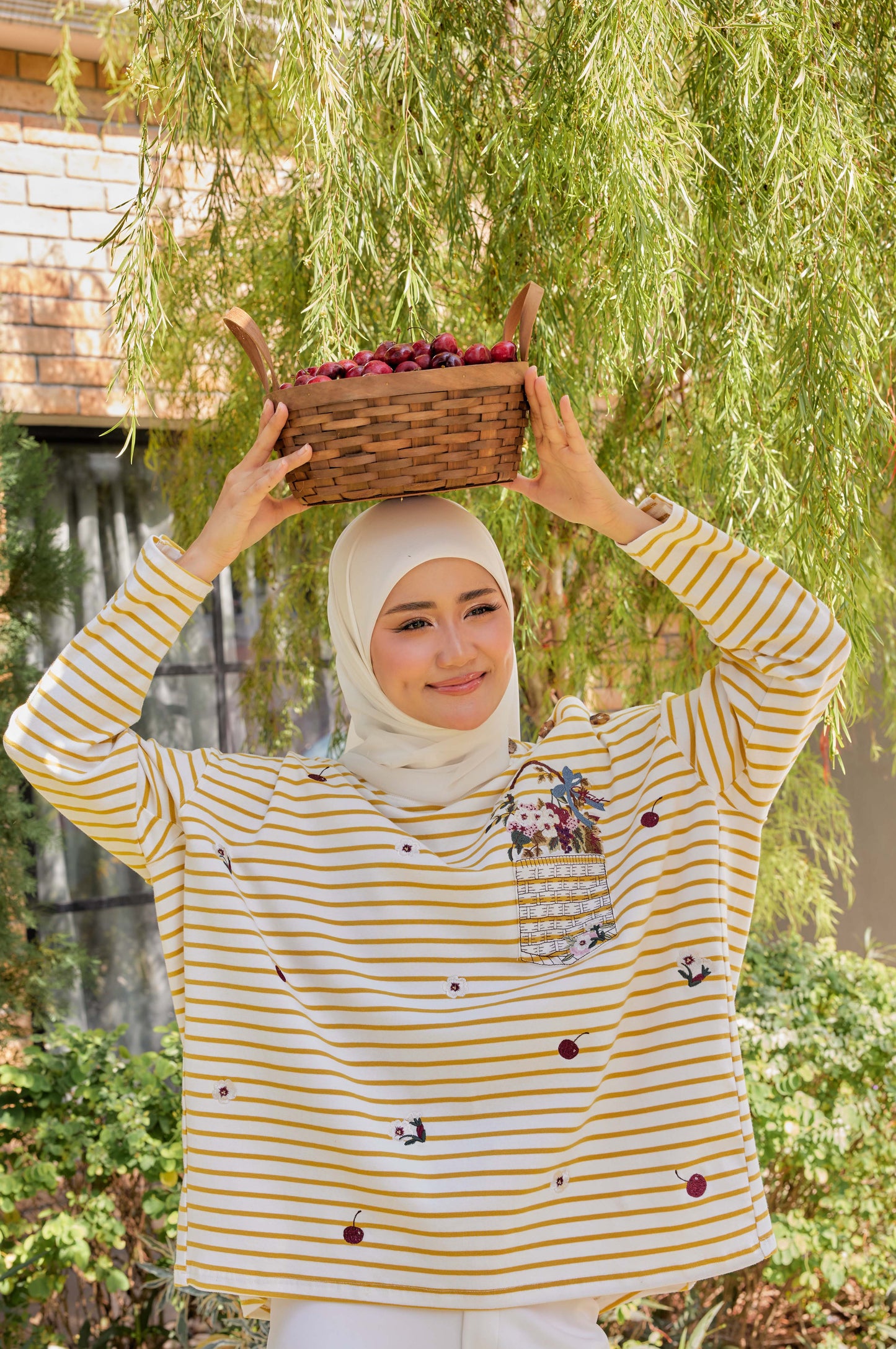 [PREORDER] Fleuriste Embroidered Cotton Tee with Signature Buttons — Butter Yellow Stripes