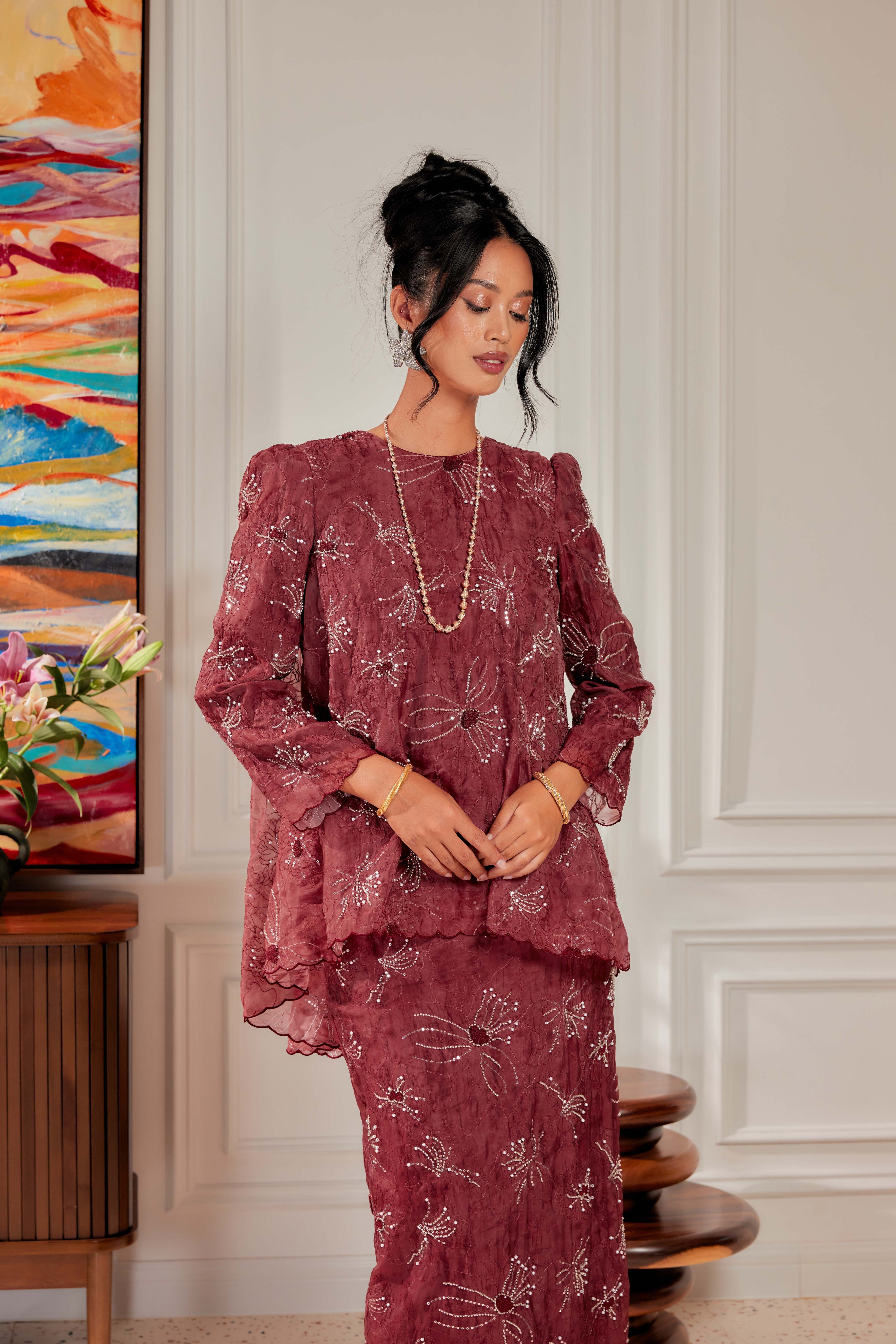 Vintage Burgundy - Nona Pearl Beaded Embellished Kurung (Fully Lined)