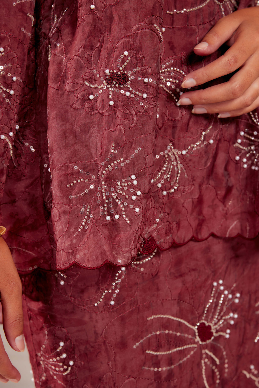 Vintage Burgundy - Nona Pearl Beaded Embellished Kurung (Fully Lined)