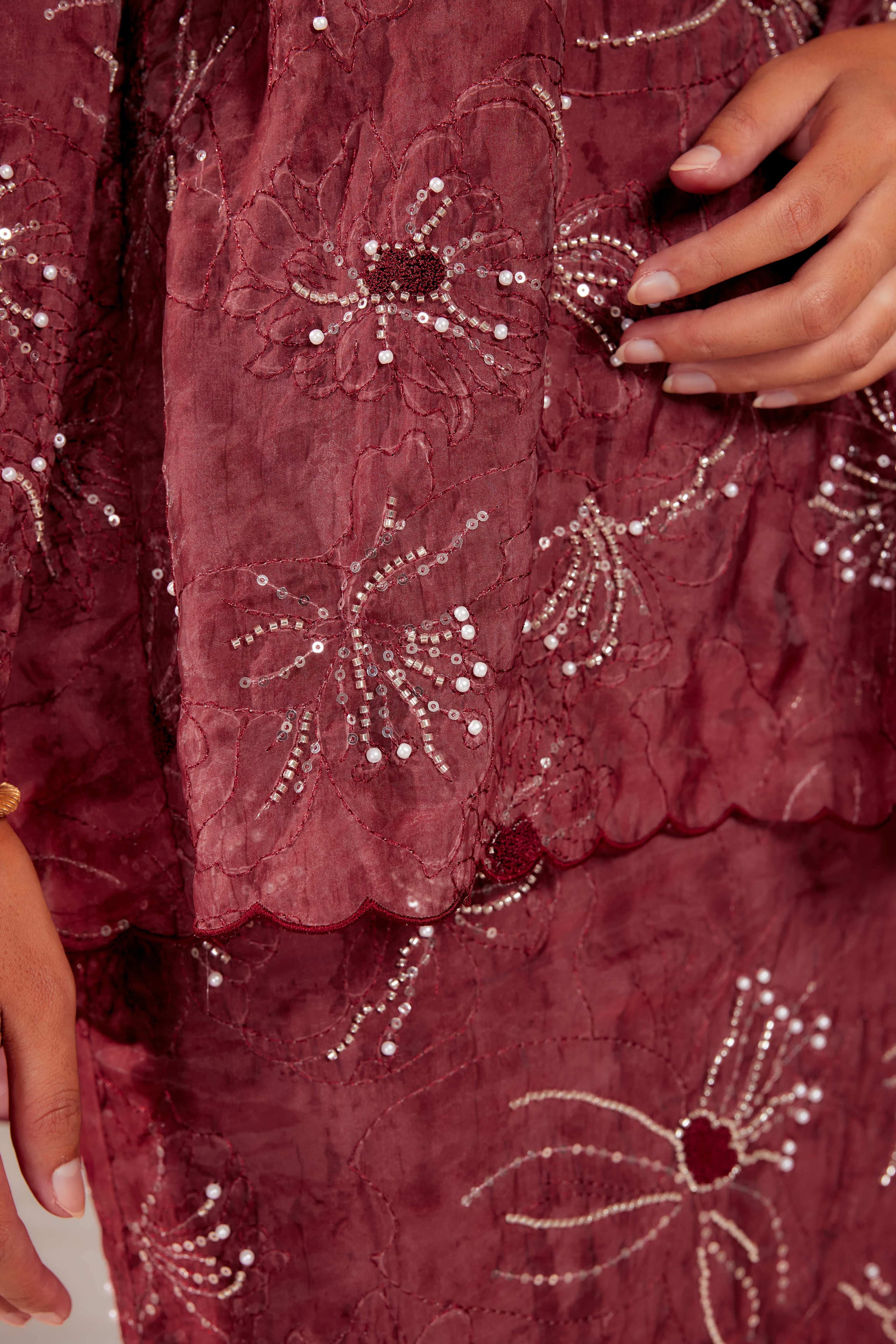 Vintage Burgundy - Nona Pearl Beaded Embellished Kurung (Fully Lined)