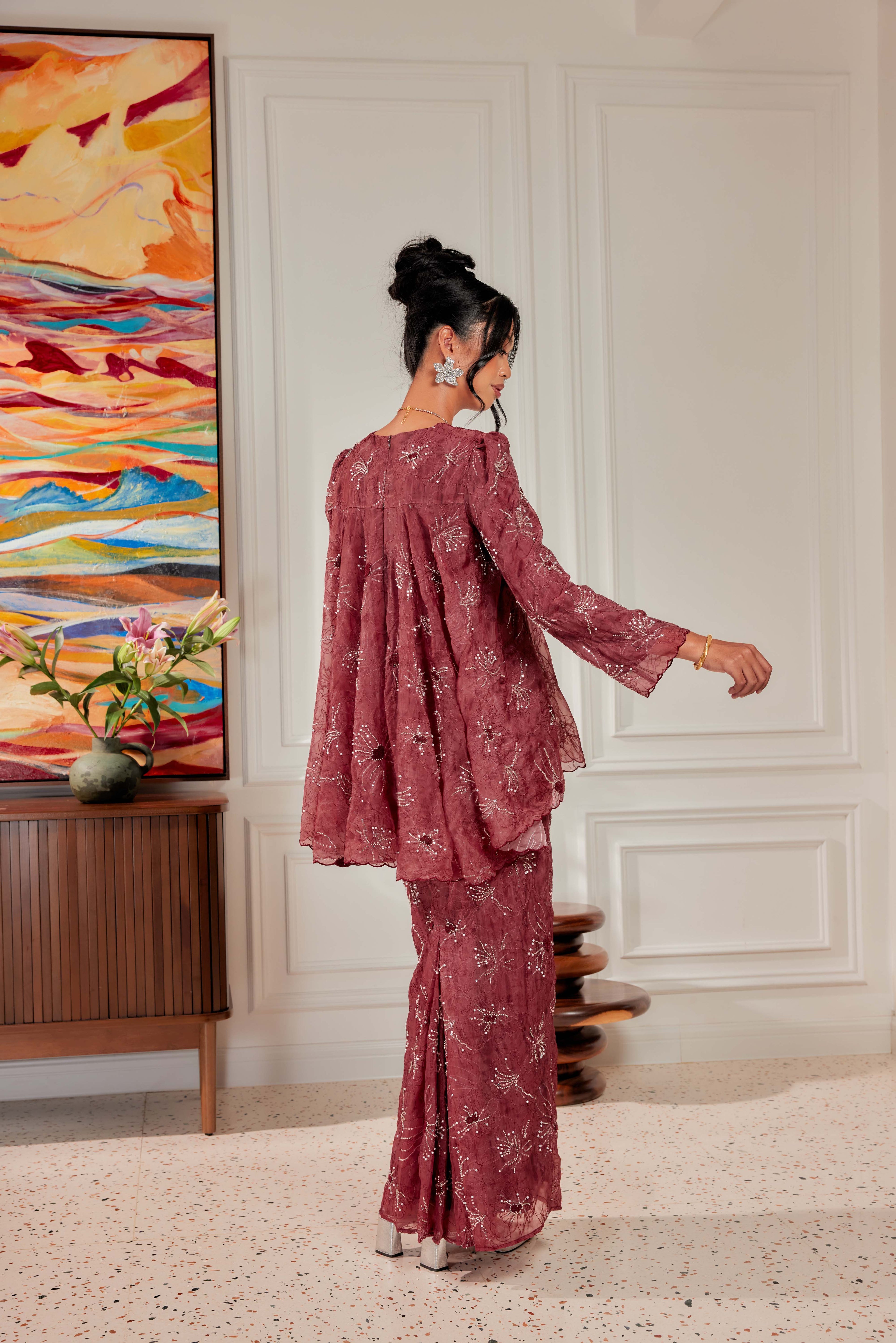 Vintage Burgundy - Nona Pearl Beaded Embellished Kurung (Fully Lined)