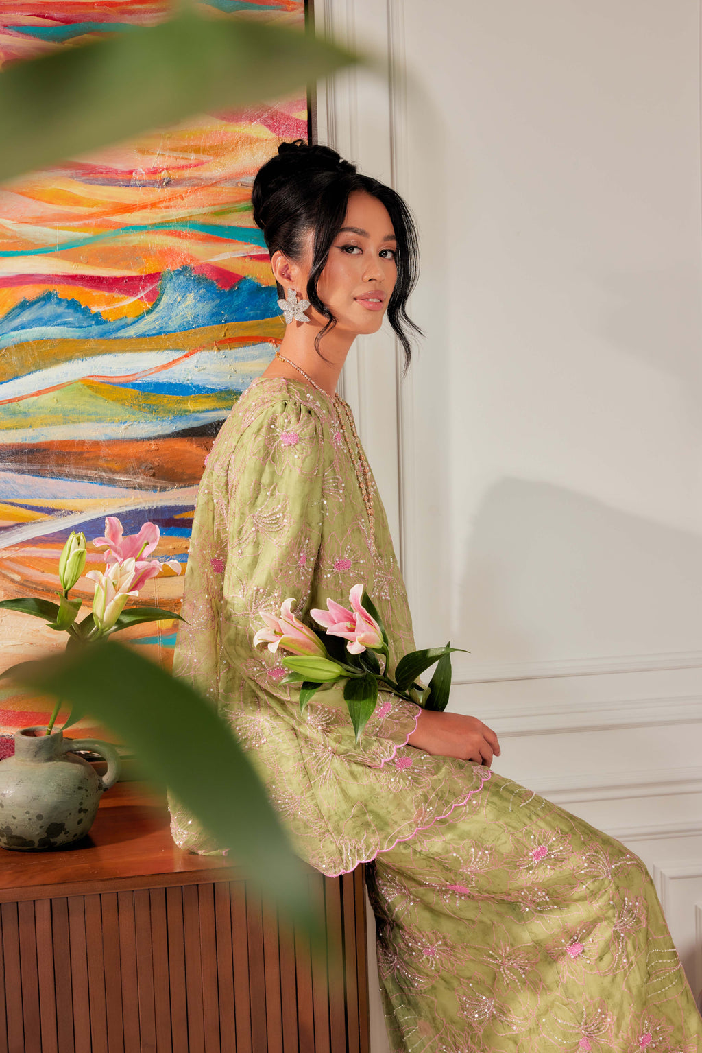 Strawberry Matcha - Nona Pearl Beaded Embellished Kurung (Fully Lined)